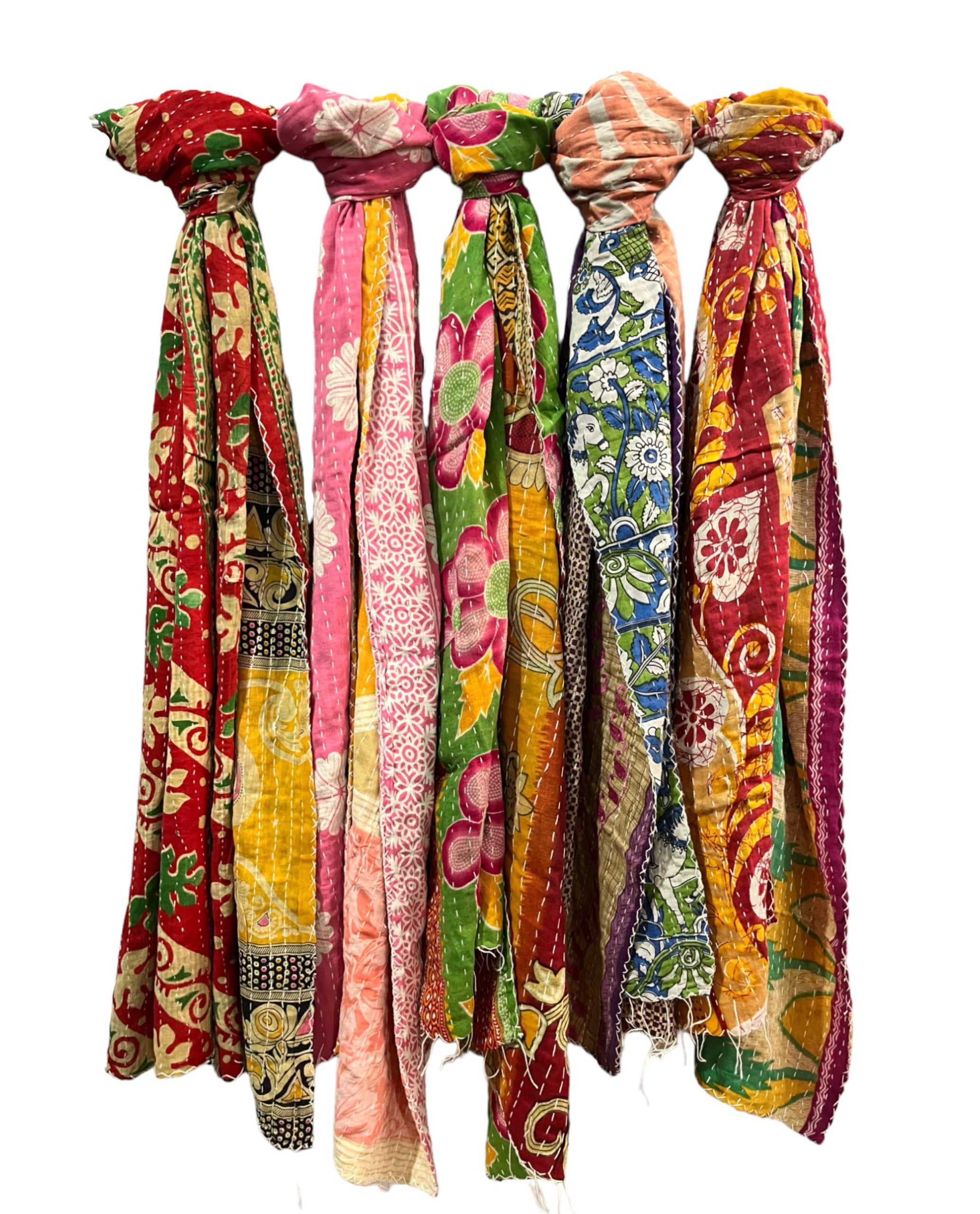 Vintage Kantha 100% cotton scarves in multiple colors, showcasing unique designs and handmade craftsmanship.