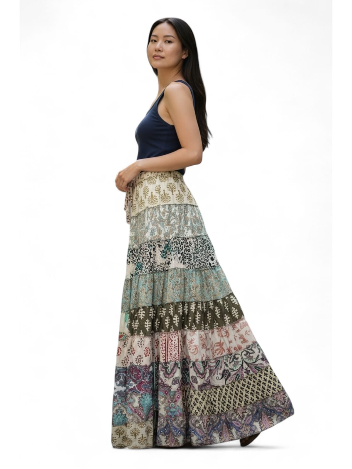 Women Hippie Indian Silk Sari Patchwork Long Gypsy Floral Print Skirt Elastic Waist A-Line