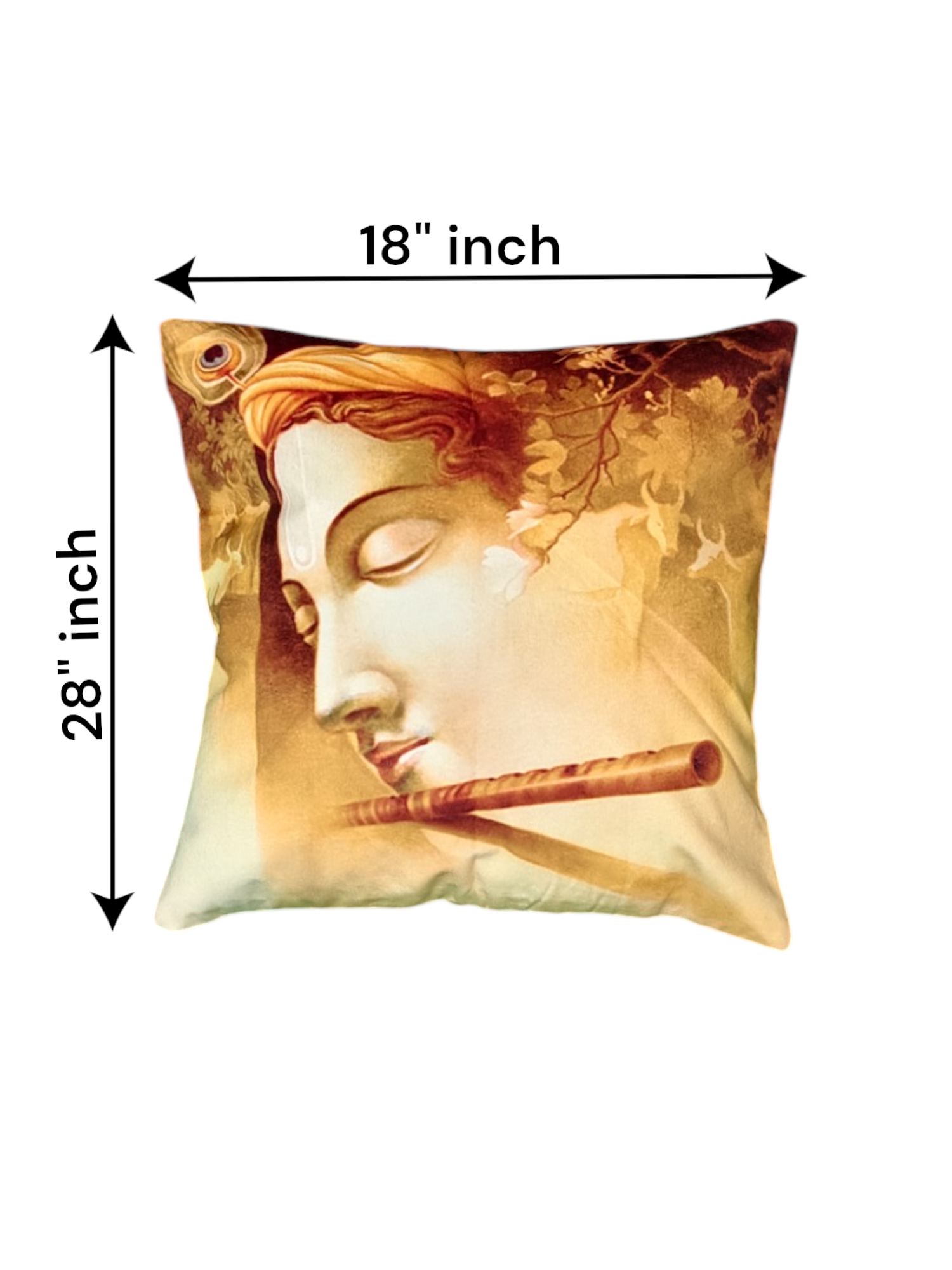 Lord Krishna printed cushion cover, 18x18 inches, vibrant colors, decorative accent pillow with flute design.