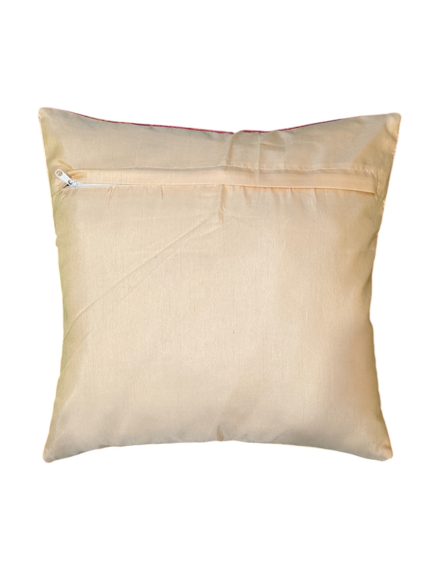 Back view of a 16x16 inch Lord Krishna cushion cover featuring a hidden zip closure.