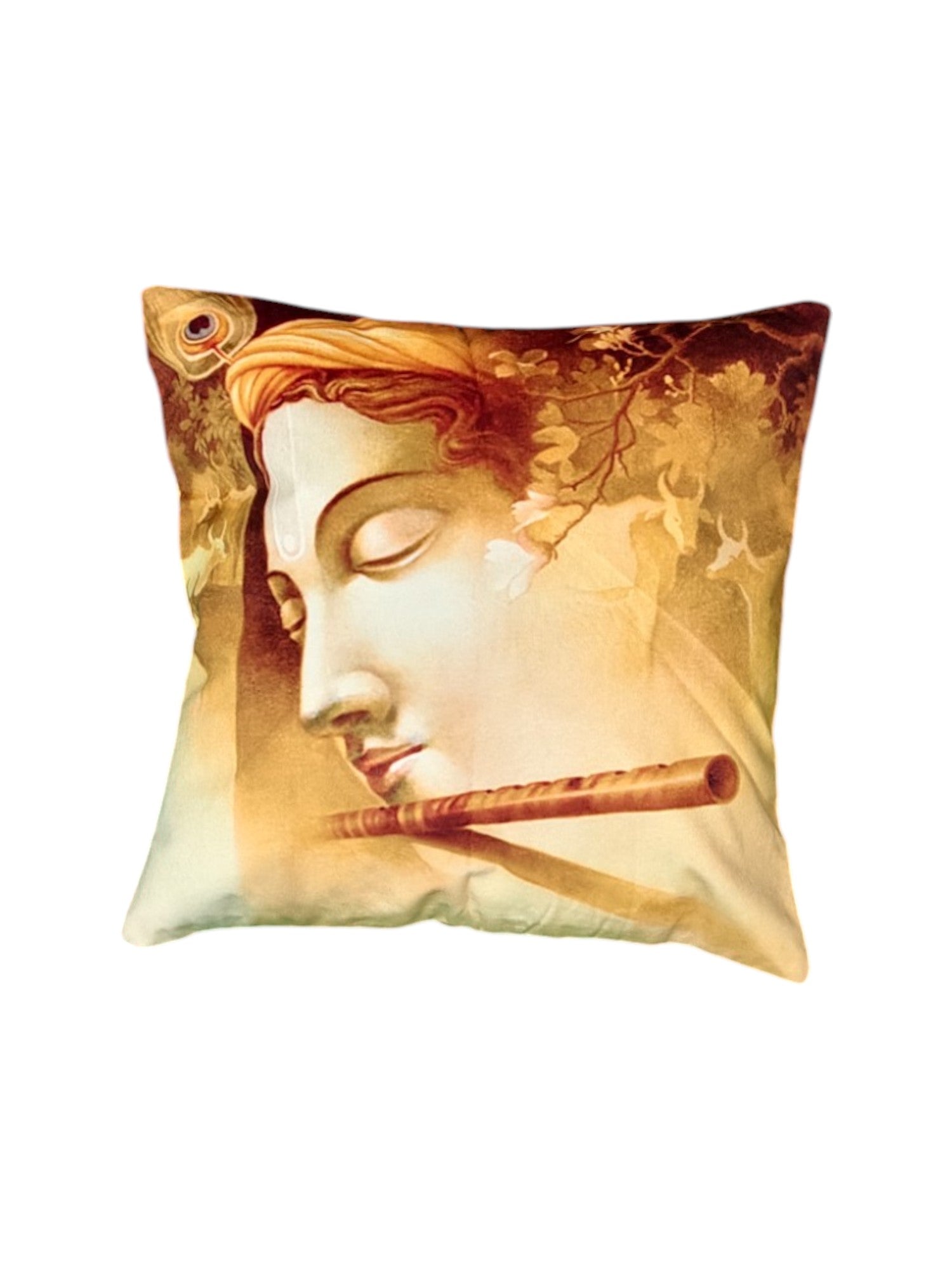 Lord Krishna Printed Cushion Cover, 16x16, with flute and peacock feather design, perfect for sofas and beds.