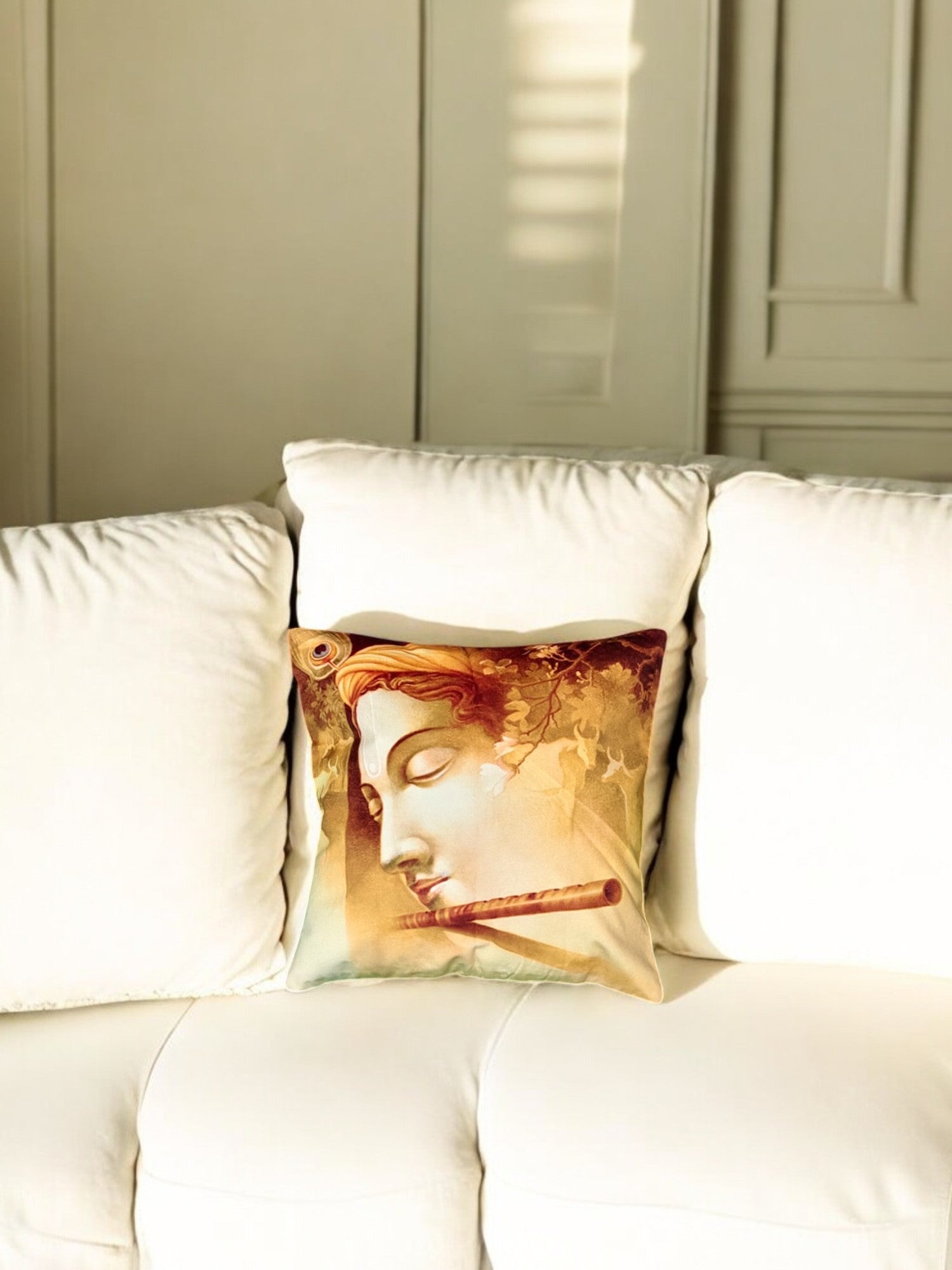 Lord Krishna printed cushion cover with flute design, handmade cotton decorative pillow for sofa and bed.