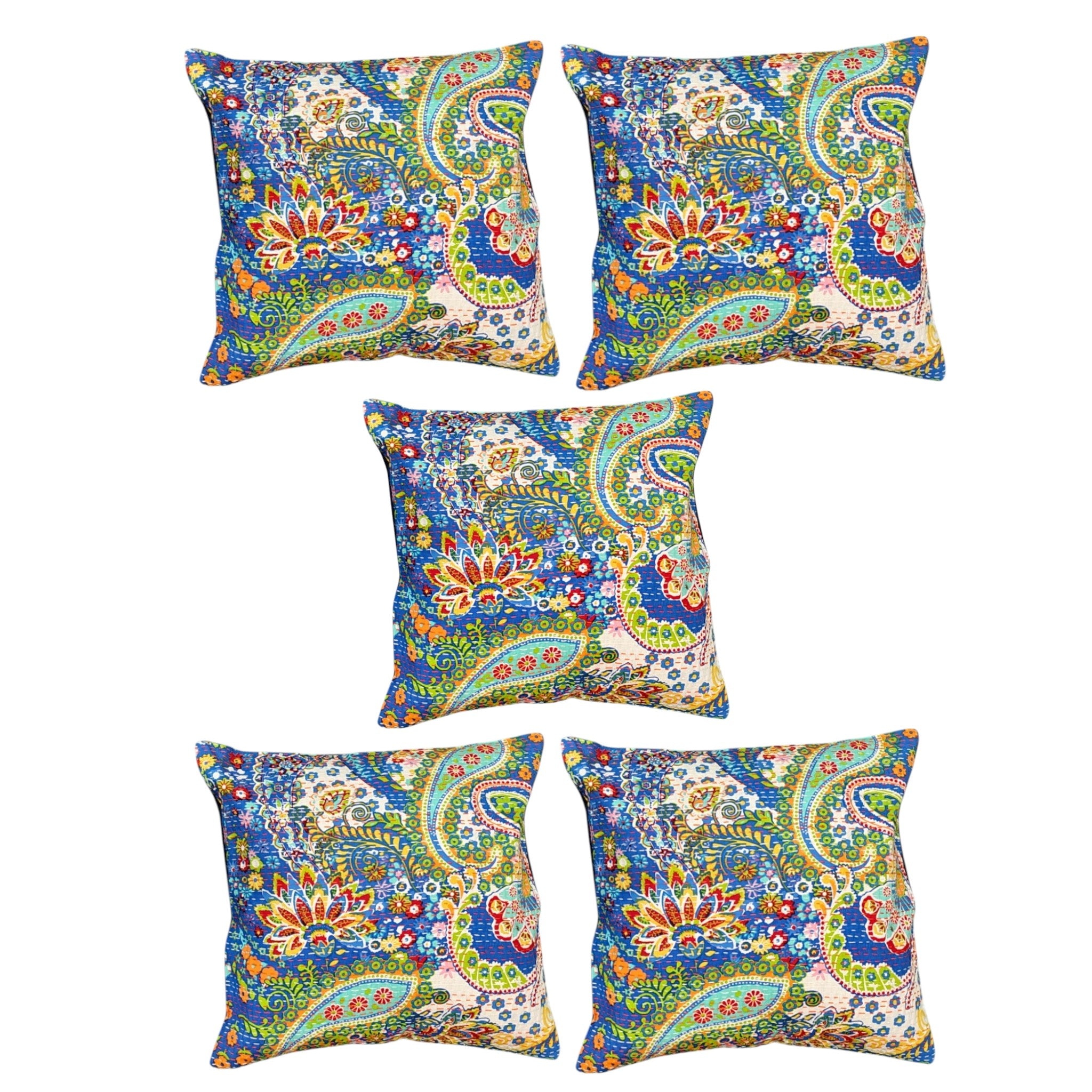 Set of five multicolor floral paisley cushion covers showcasing vibrant blue and green designs for decorative pillows.