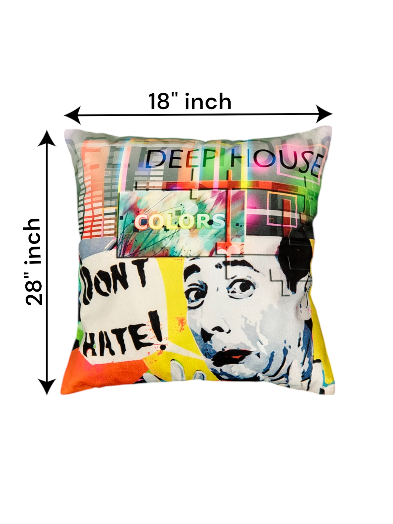 Colorful graffiti throw pillow featuring 'Don't Hate' and 'Deep House Colors', perfect for couch or bed decor.