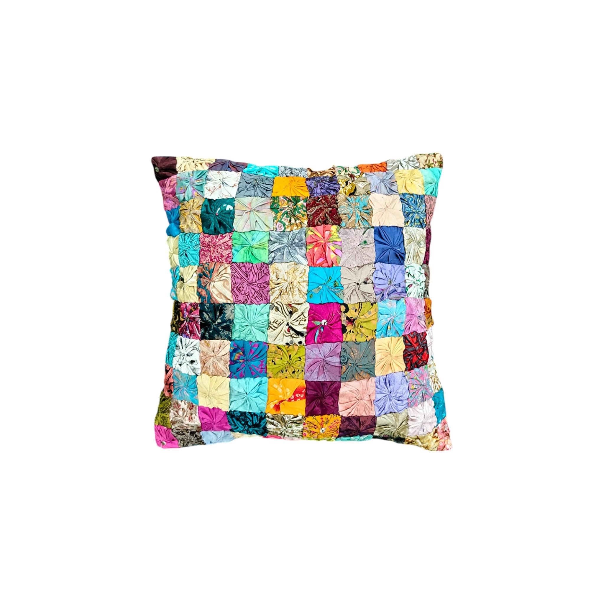 Multicolor handmade patchwork cotton cushion cover, 16x16 inches, featuring vibrant design and convenient zip closure.