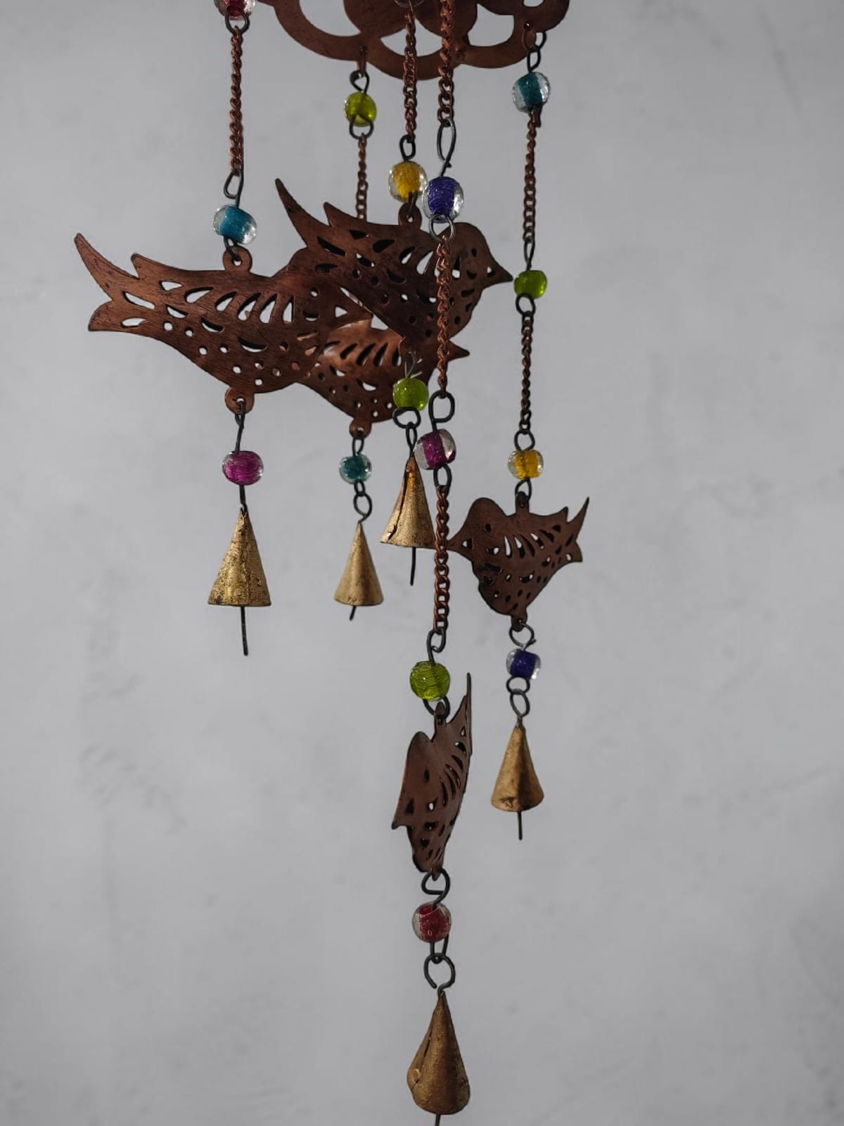 Recycled Iron Metal Birds Wind chime with glass beads and bells antique copper finish recycled iron metal crafts
