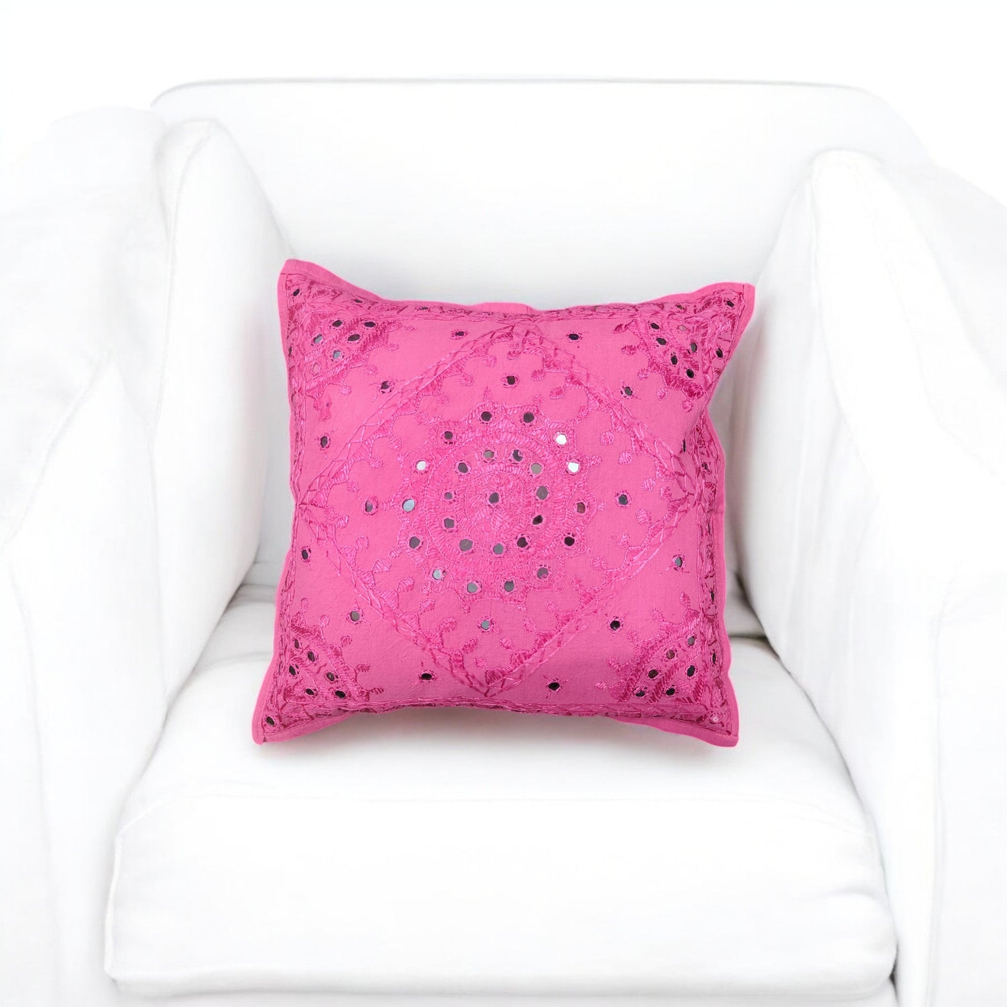Pink mirror work cushion cover, 16x16 inches, handcrafted decorative pillow for sofa or bed accent.