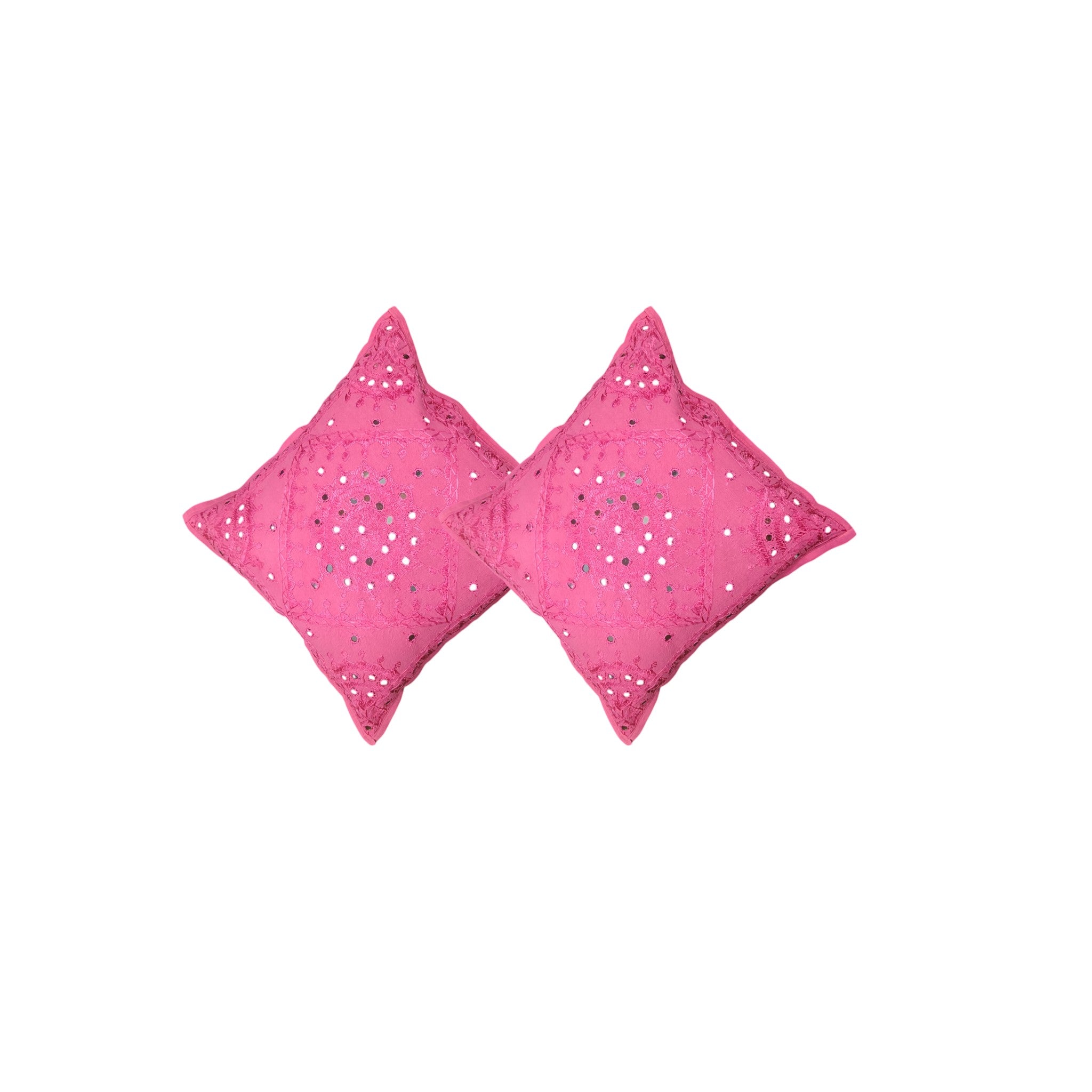 Set of 2 pink mirror work cushion covers, handcrafted decorative pillows for sofa and bed.