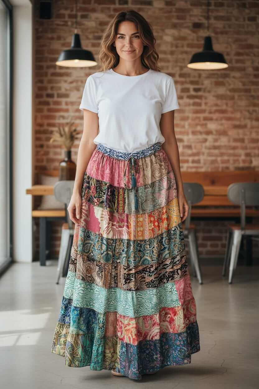 Elastic Waist Hippie Maxi Skirt