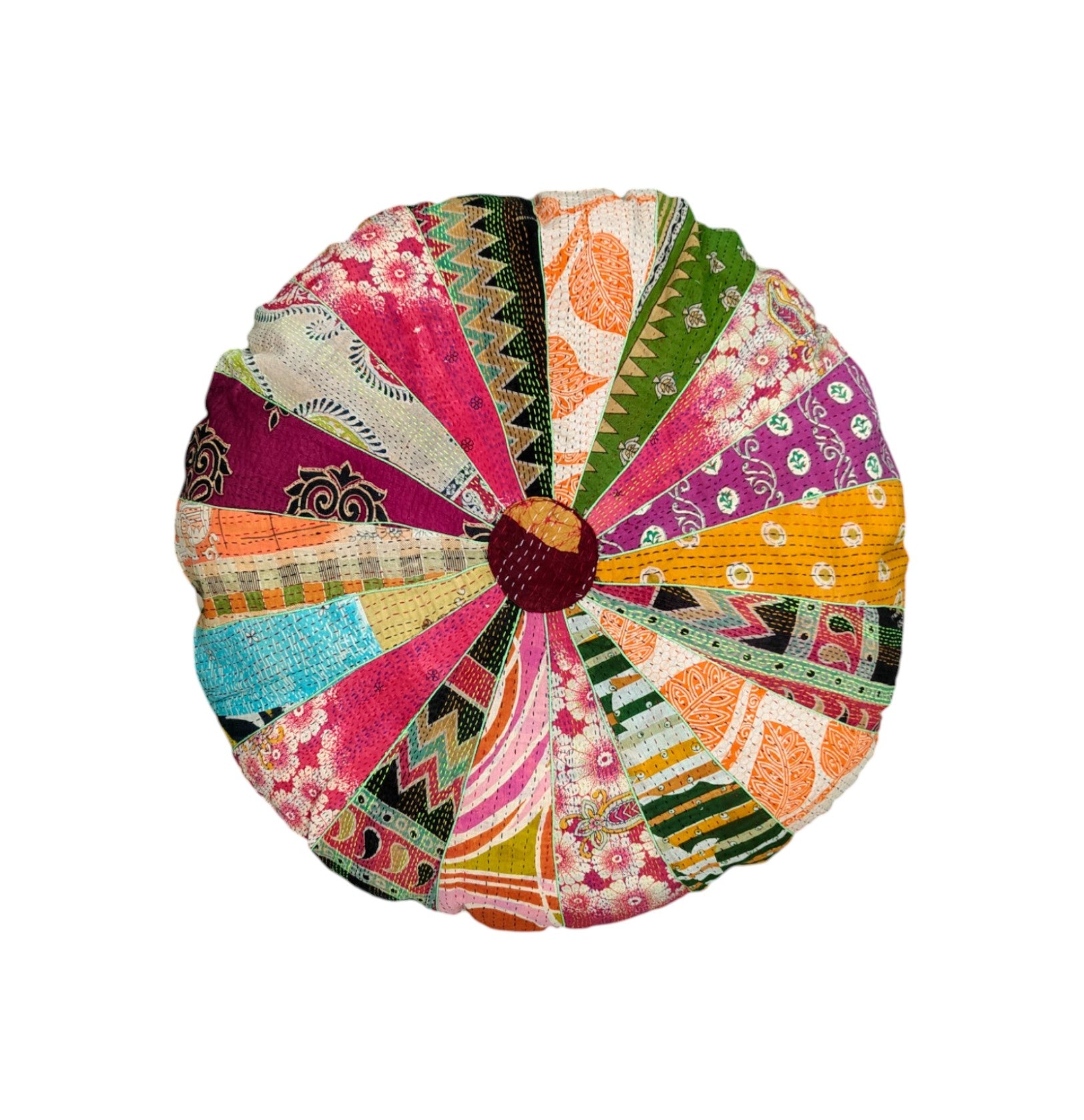 Round multicolor patchwork floor cushion cover with vibrant Kantha design, perfect for decorative use or floor seating.