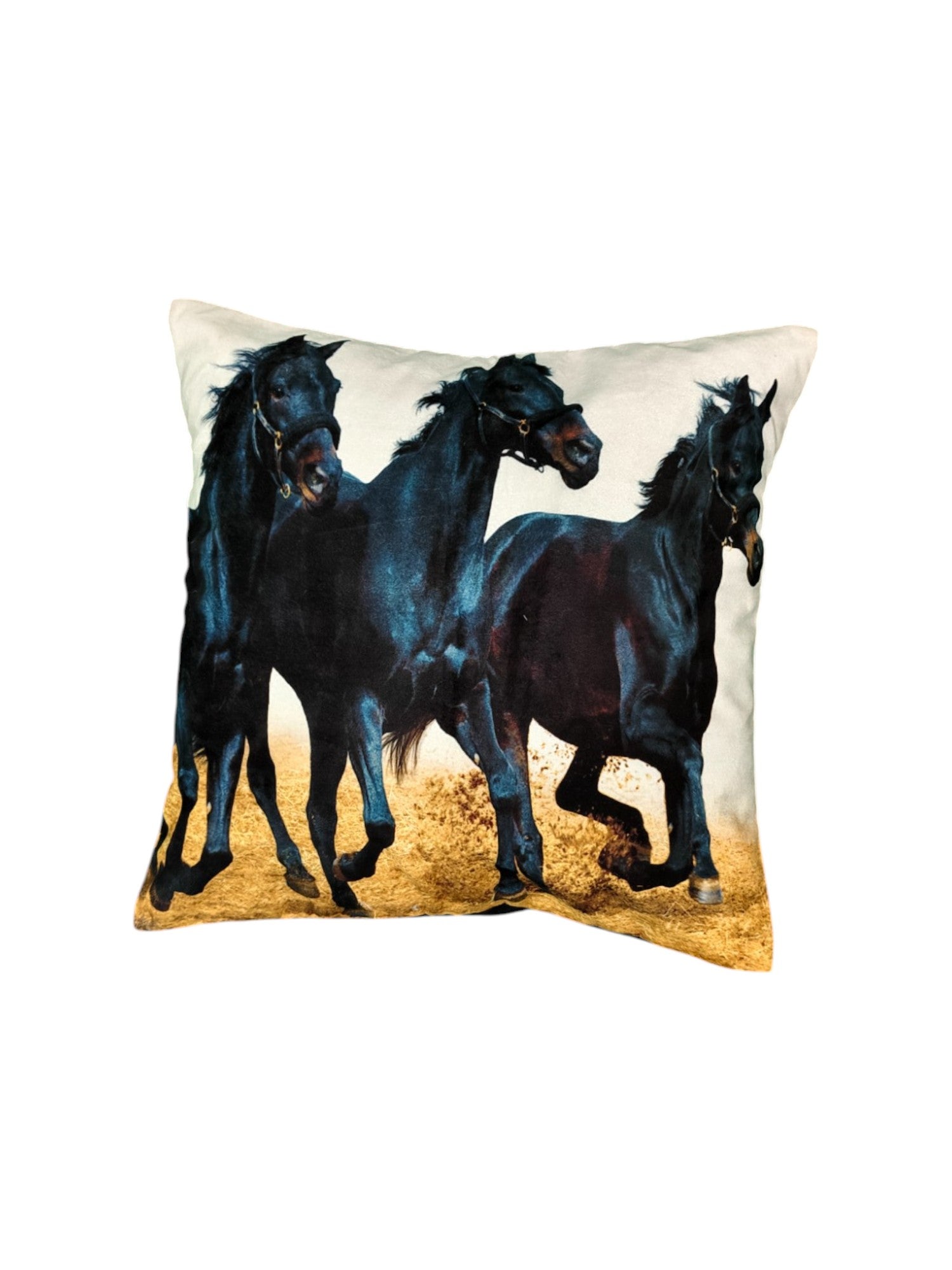 Running Black Horses Printed Cushion Cover, 16x16 handmade pillow for sofa and bed décor.