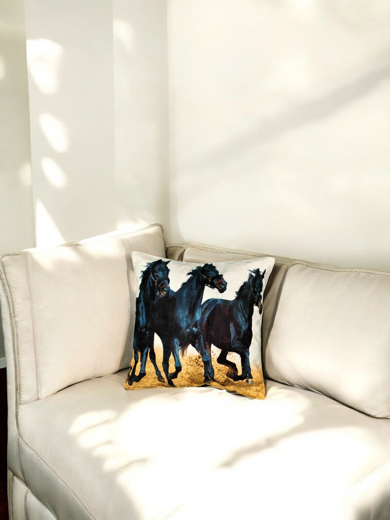Running Black Horses cushion cover on sofa, 16x16 cotton accent pillow, bold décor.