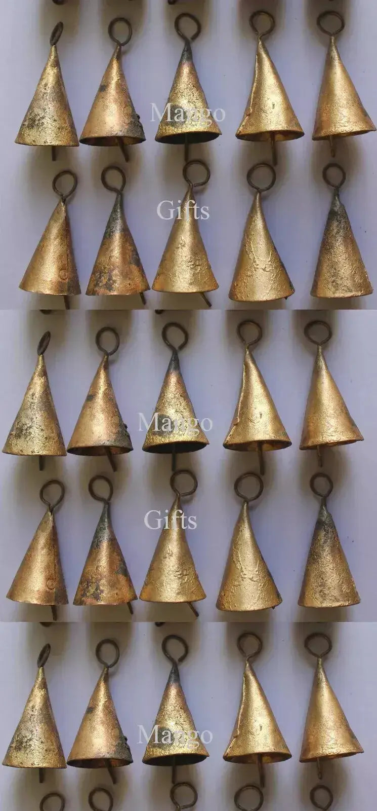 Vintage metal cone shape bells in rustic gold finish, perfect for crafts and outdoor decorations.