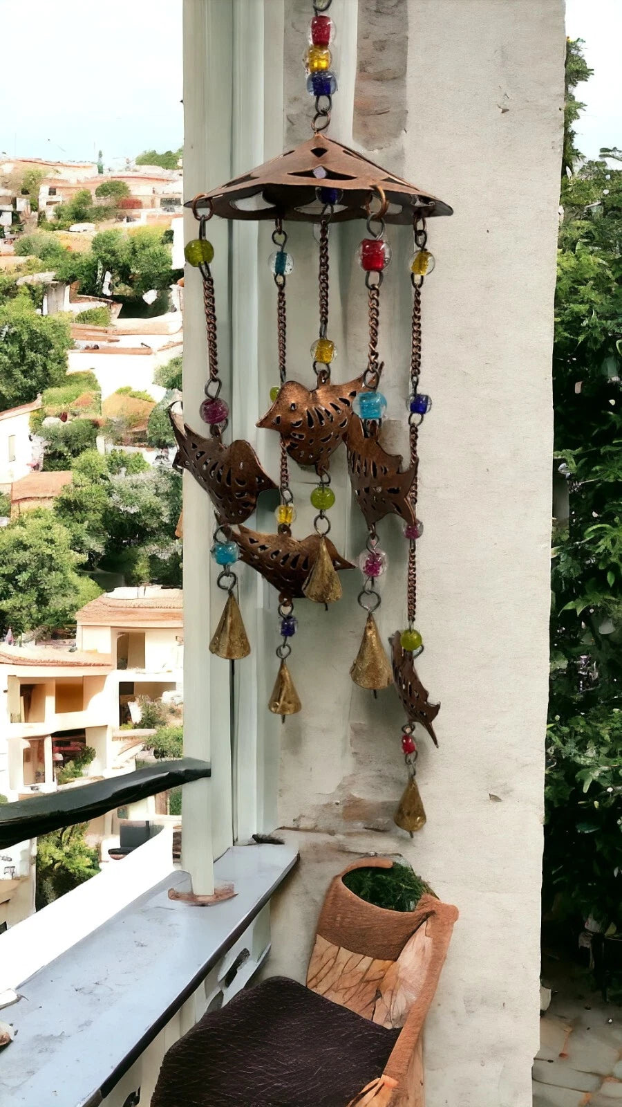 Recycled Iron Metal Birds Wind chime with glass beads and bells antique copper finish recycled iron metal crafts