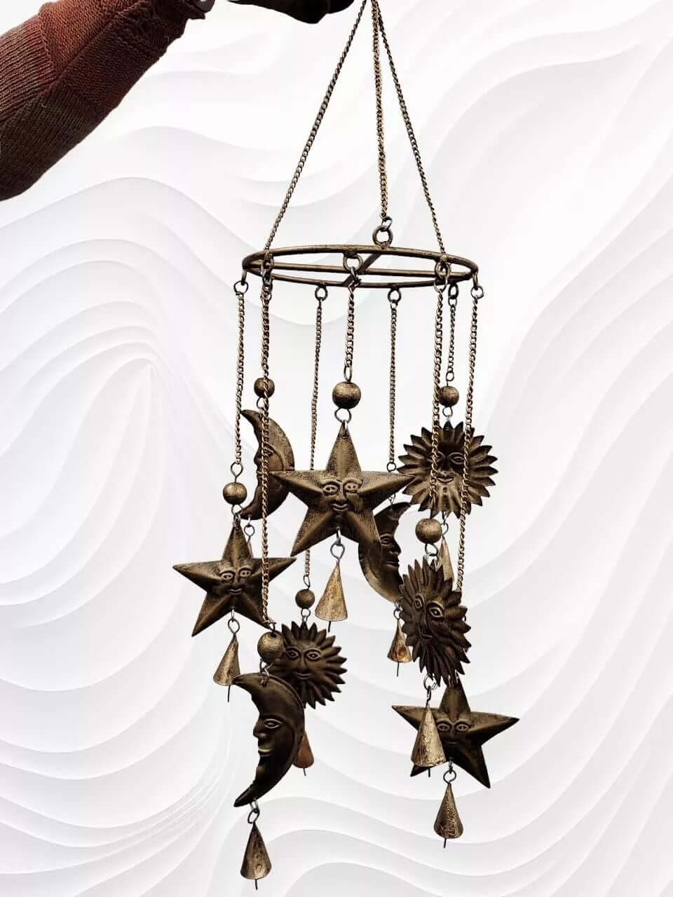 Antique look sun moon wind chime with bells, perfect for outdoor garden decor or indoor suncatcher ornament.