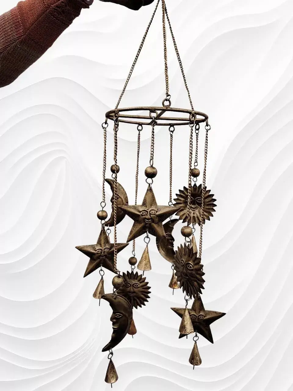 Antique look sun and moon wind chime, handcrafted in India, perfect for garden decor, rustic hanging mobile.