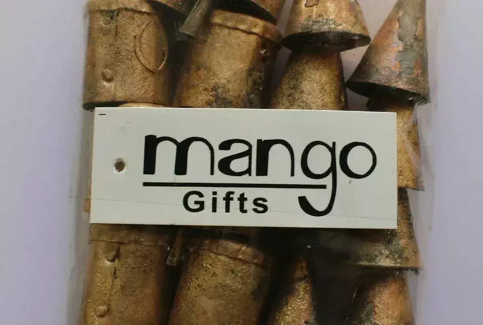 Rustic cone shape tin bells in a bag by Mango Gifts, perfect for crafts, decorations, and charming outdoor mobiles.