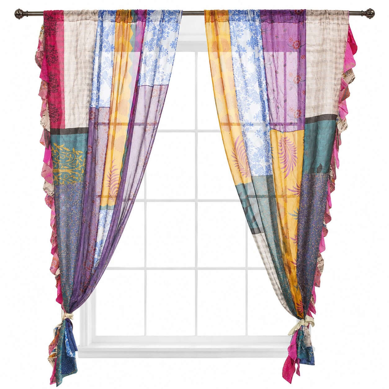 Recycled Silk Sari Patchwork Boho Curtains, Handmade Vintage Indian Drapes, Multicolor Rod Pocket Window Panels for Living Room Bedroom Doorway Decor, 80 x 45 Inch, Set of 2