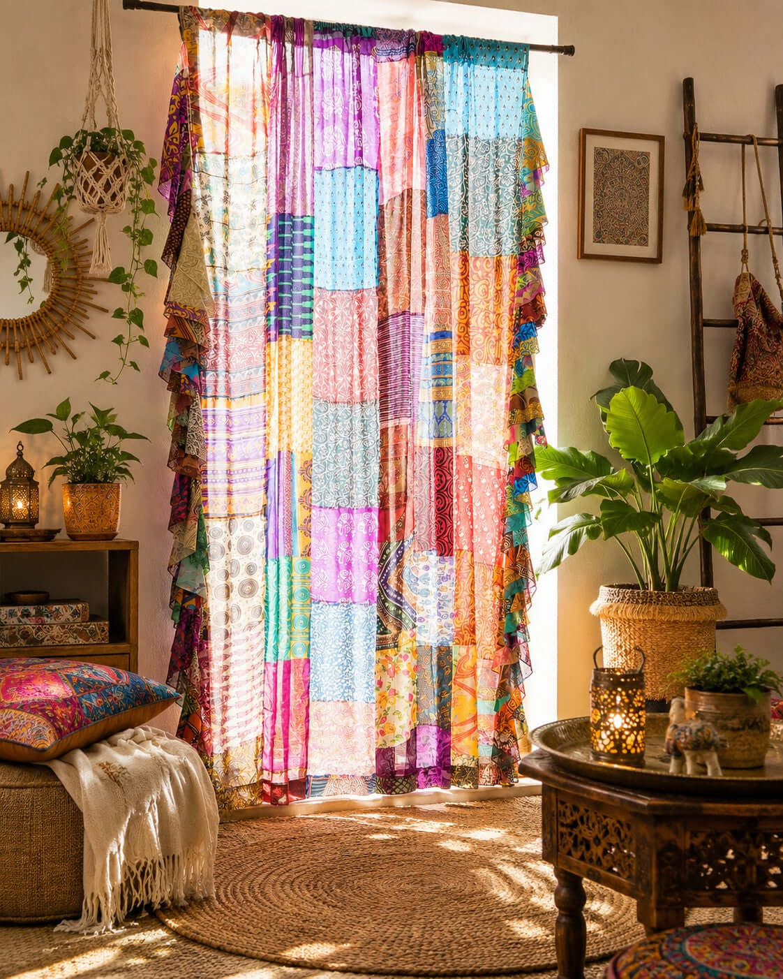 Recycled Silk Sari Patchwork Boho Curtains, Handmade Vintage Indian Drapes, Multicolor Rod Pocket Window Panels for Living Room Bedroom Doorway Decor, 80 x 45 Inch, Set of 2