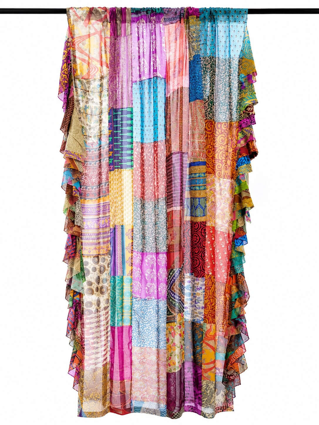 Recycled Silk Sari Patchwork Boho Curtains, Handmade Vintage Indian Drapes, Multicolor Rod Pocket Window Panels for Living Room Bedroom Doorway Decor, 80 x 45 Inch, Set of 2