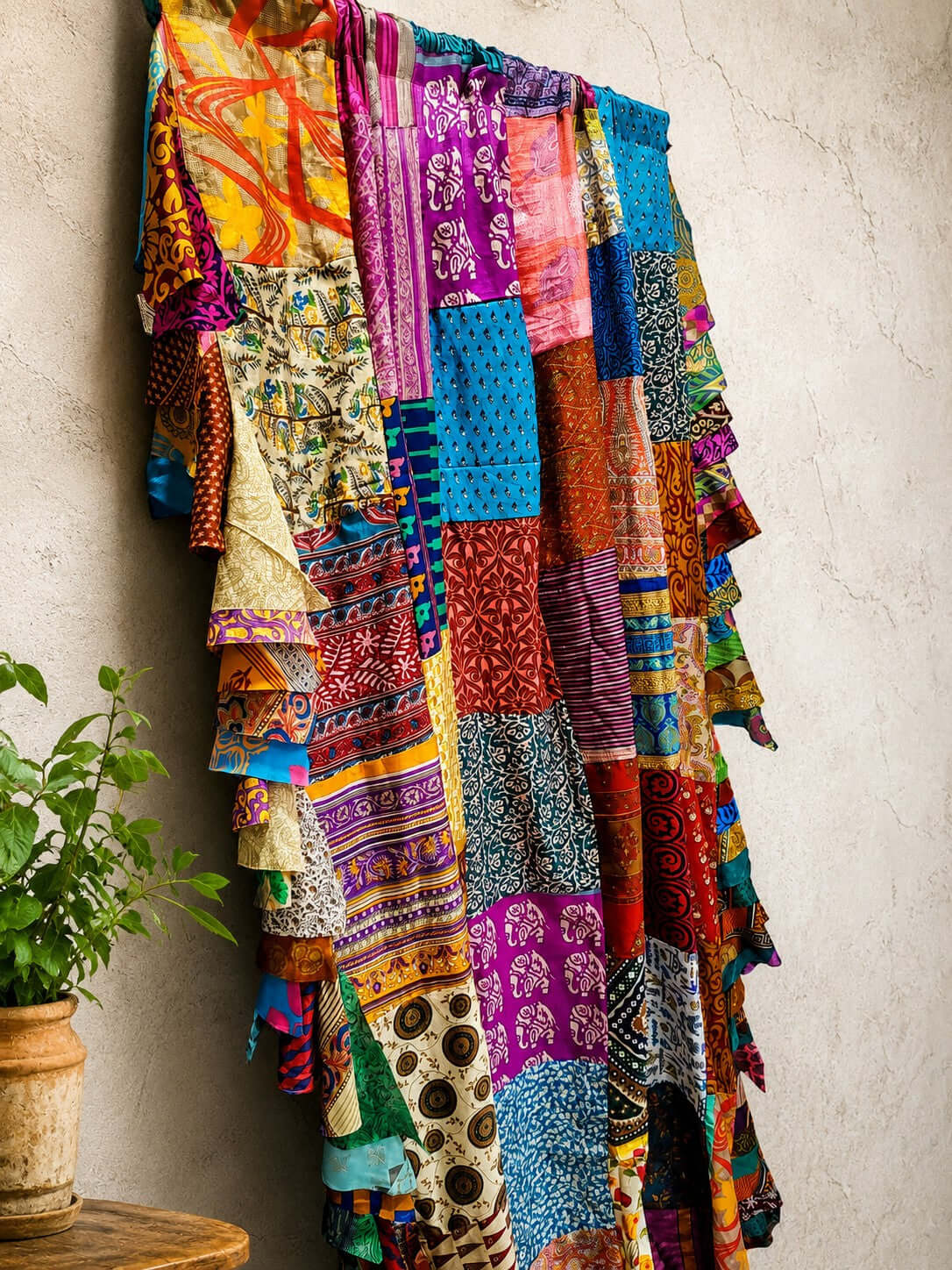 Recycled Silk Sari Patchwork Boho Curtains, Handmade Vintage Indian Drapes, Multicolor Rod Pocket Window Panels for Living Room Bedroom Doorway Decor, 80 x 45 Inch, Set of 2