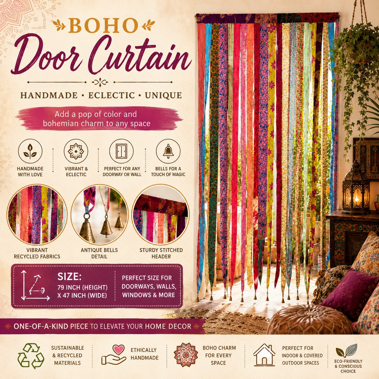 Bohemian Door Curtain Made from Recycled Silk Sari Ribbon Pink Rod Pocket Panel for Doorway, Window, or Wall Handmade Indian Tapestry Valance for Boho Home Décor
