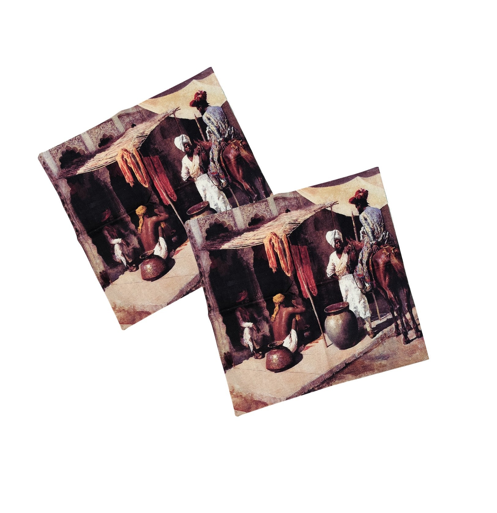 Set of 2 vintage Indian market scene cushion covers, perfect for decorative pillows in living room or sofa.