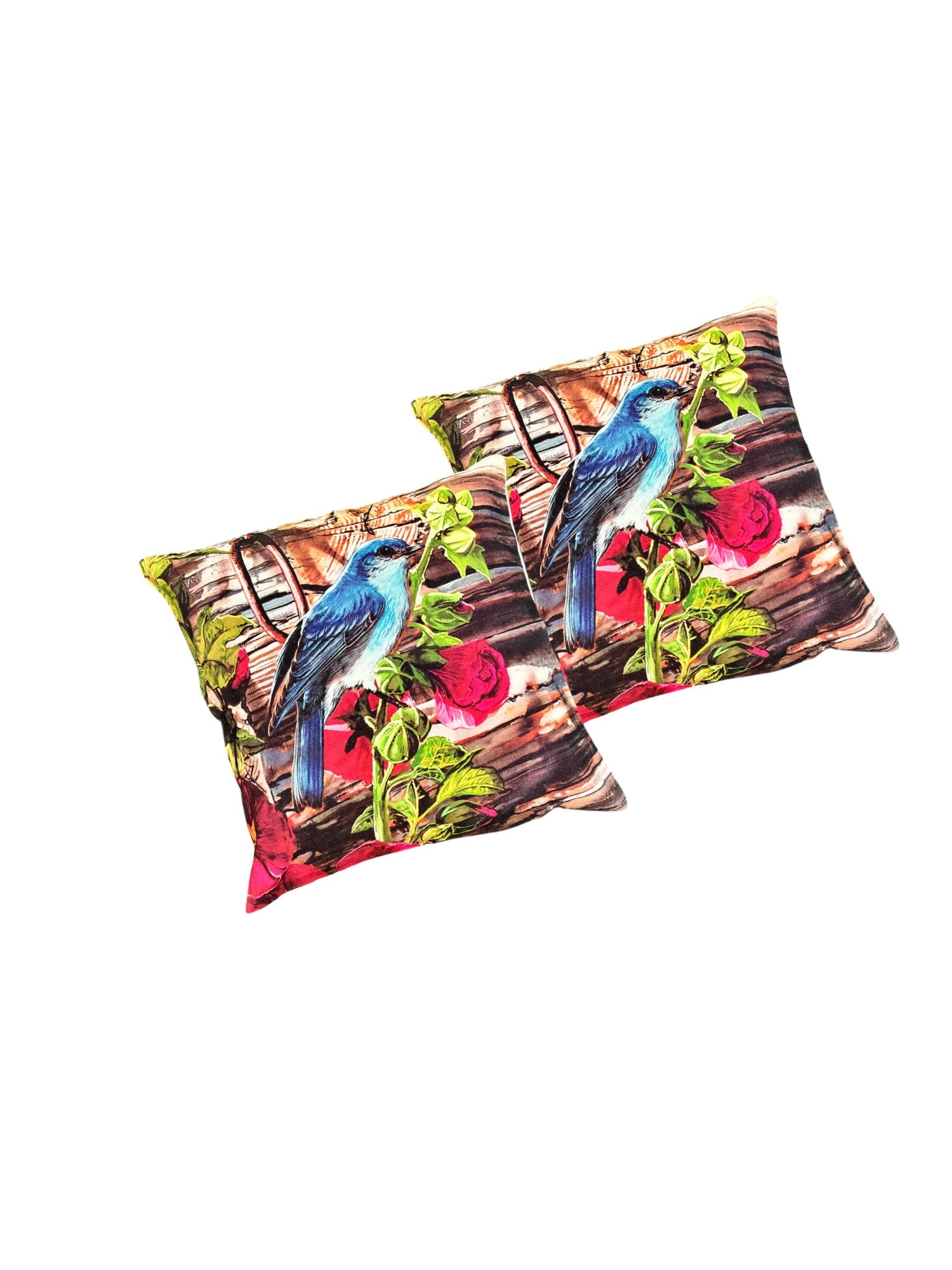 Set of 2 colorful bird digital print cushion covers, 16x16 inches, perfect for decorative throw pillows on sofa or bed.
