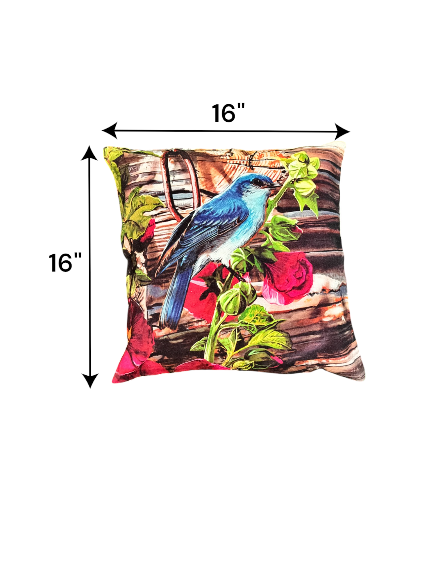 Colorful 16x16 bird digital print cushion cover featuring vibrant flowers, perfect for sofa or bed decor.