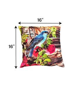 Colorful 16x16 bird digital print cushion cover featuring vibrant flowers, perfect for sofa or bed decor.