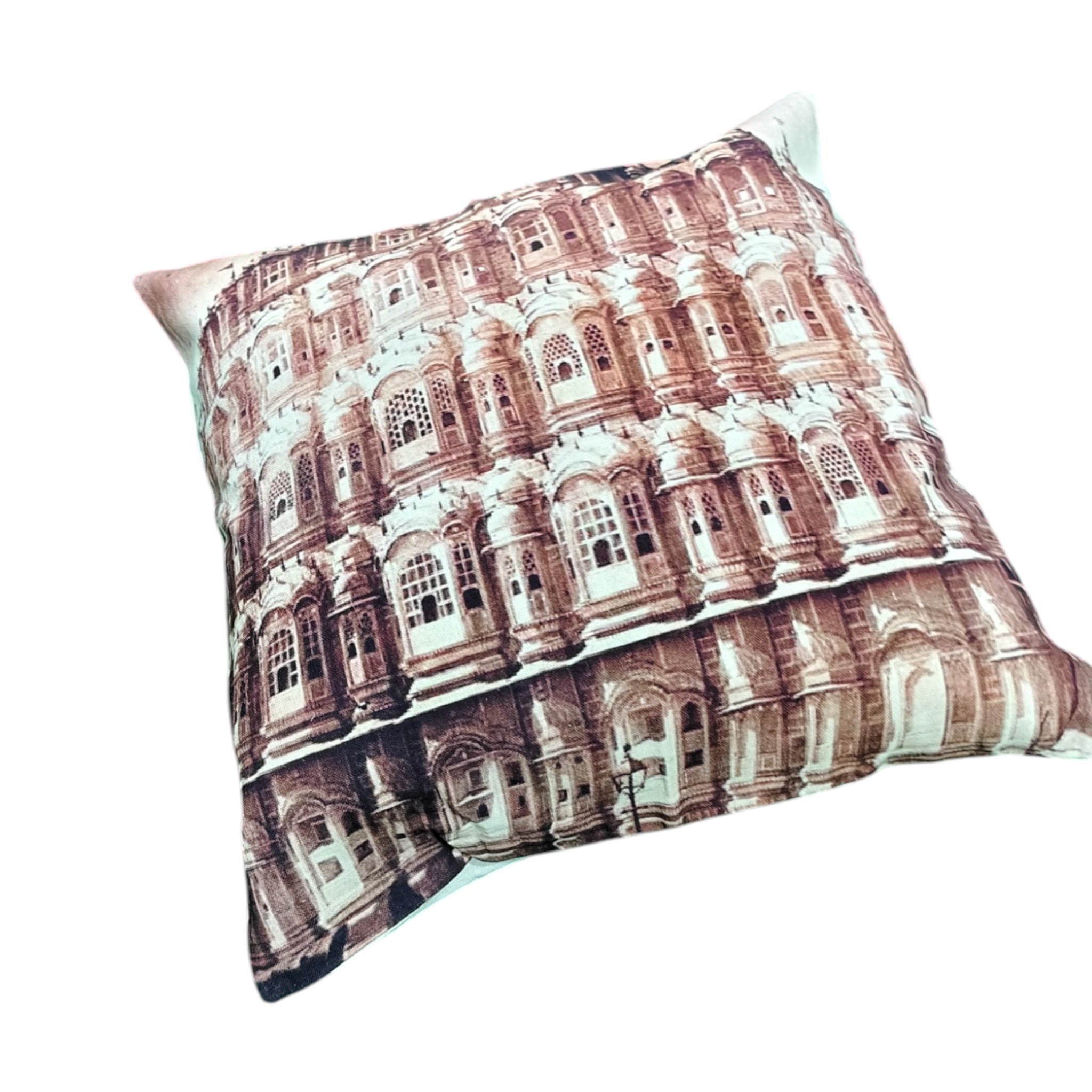 Multicolor decorative cushion cover featuring a high-resolution print of architectural designs, ideal for throw pillows.