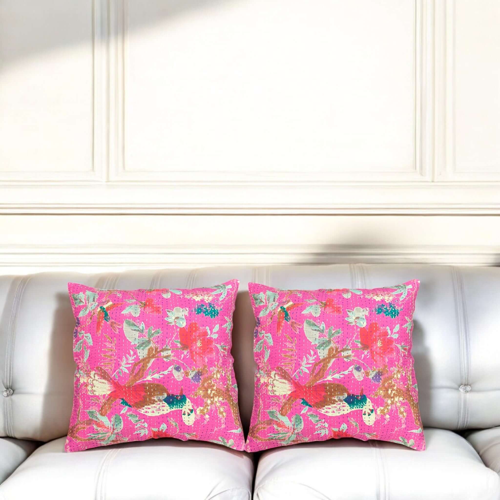 Kantha stitched floral pillow covers