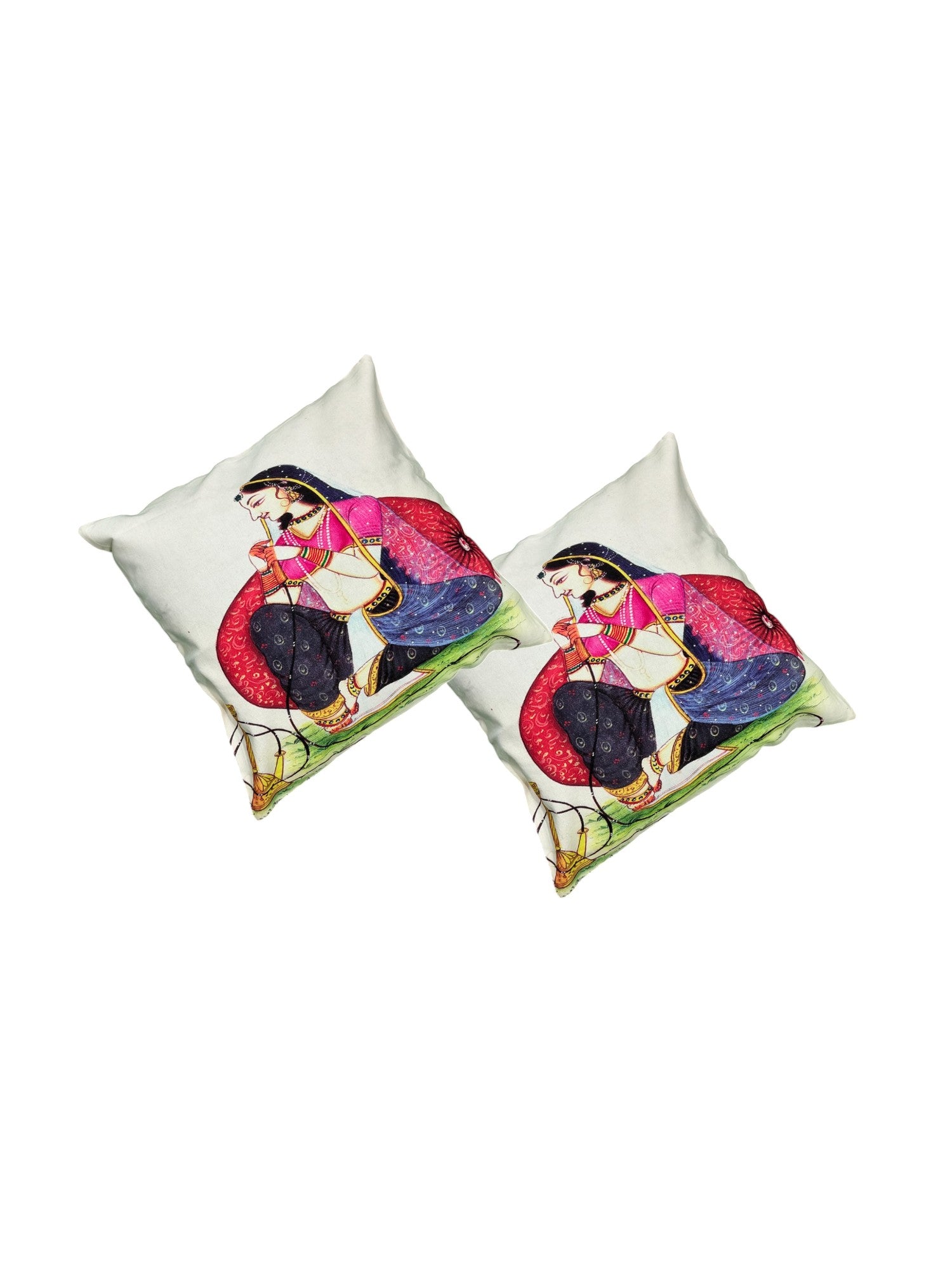 Set of 2 traditional Rajasthani lady digital print cushion covers, decorative throw pillows 16x16 inches.