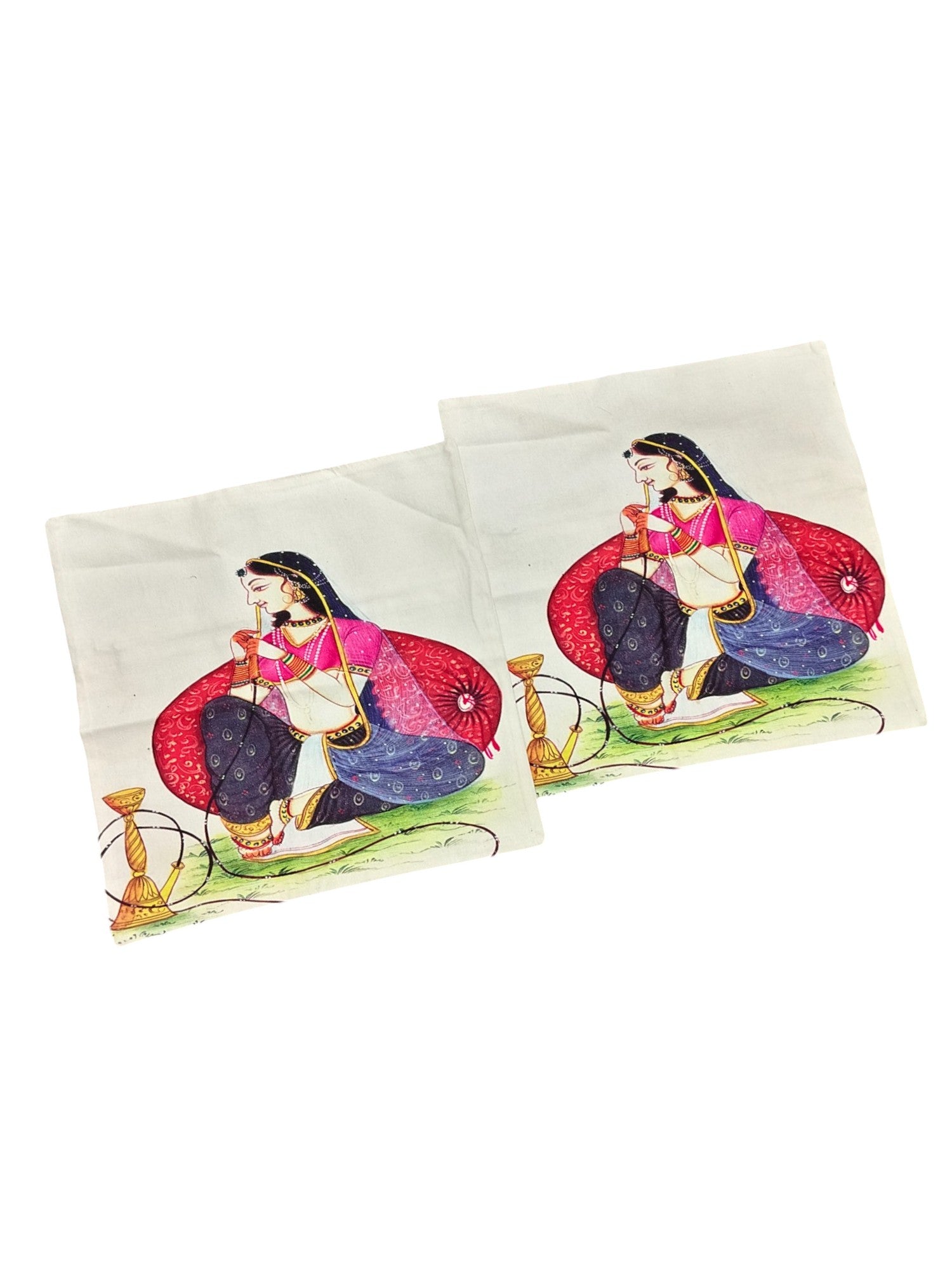 Set of 2 traditional Rajasthani lady digital print cushion covers, 16x16 inches, colorful decorative throw pillows.