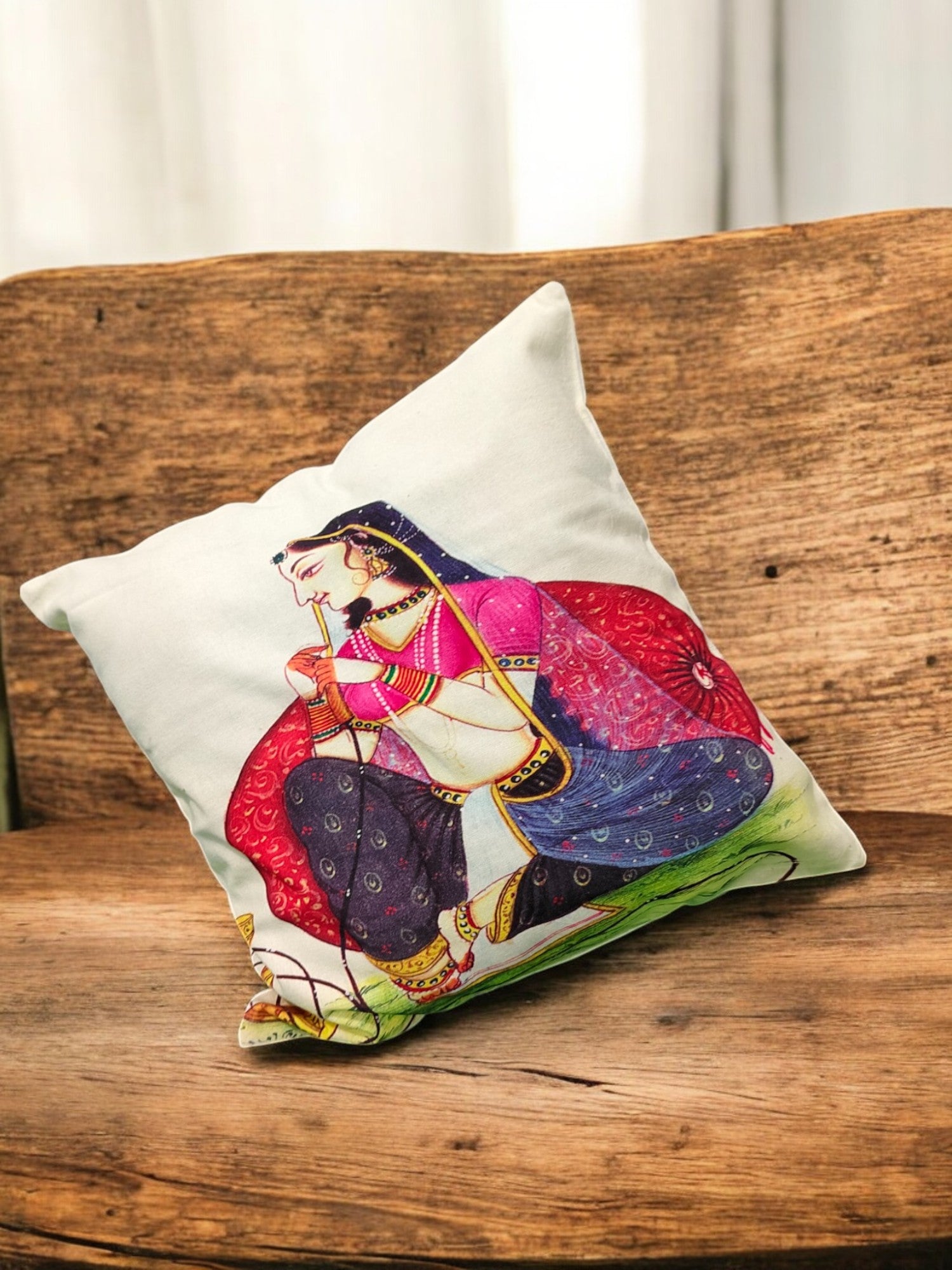 Traditional Rajasthani lady digital print cushion cover on a wooden chair, decorative accent pillow for home decor.