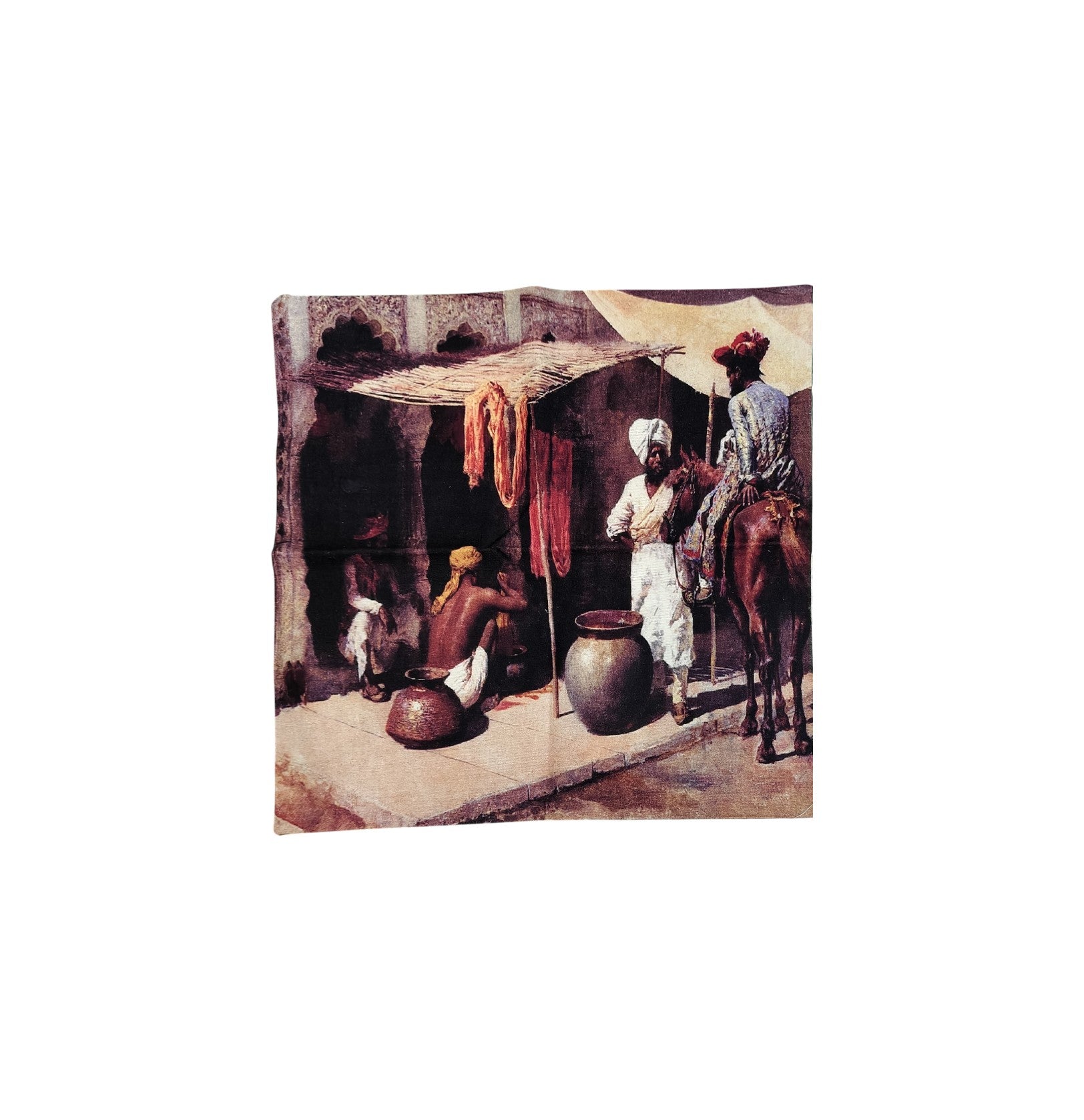 Vintage Indian market scene digital print cushion cover, featuring people and traditional architecture.