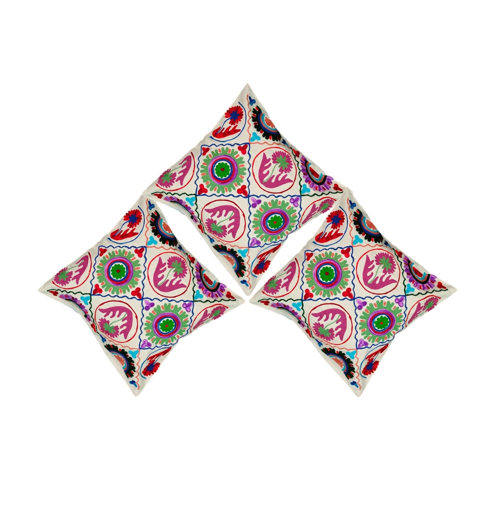 Set of 3 colorful Boho cushion covers with ethnic Suzani pattern, perfect for decorative pillows.