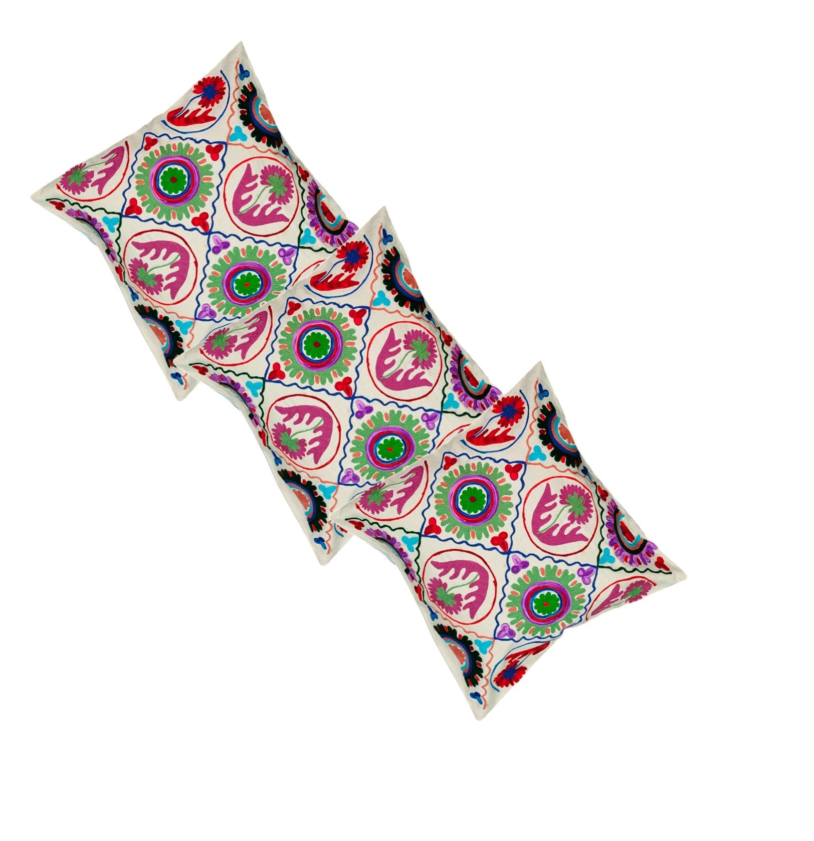 Set of 3 multicolor Boho cushion covers with ethnic Suzani pattern, perfect for decorative pillows.