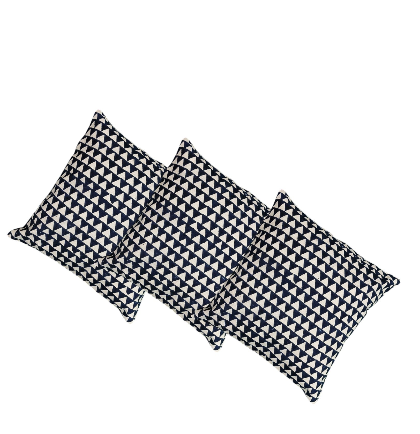 Set of 3 geometric black and white triangle print cushion covers for modern home decor.