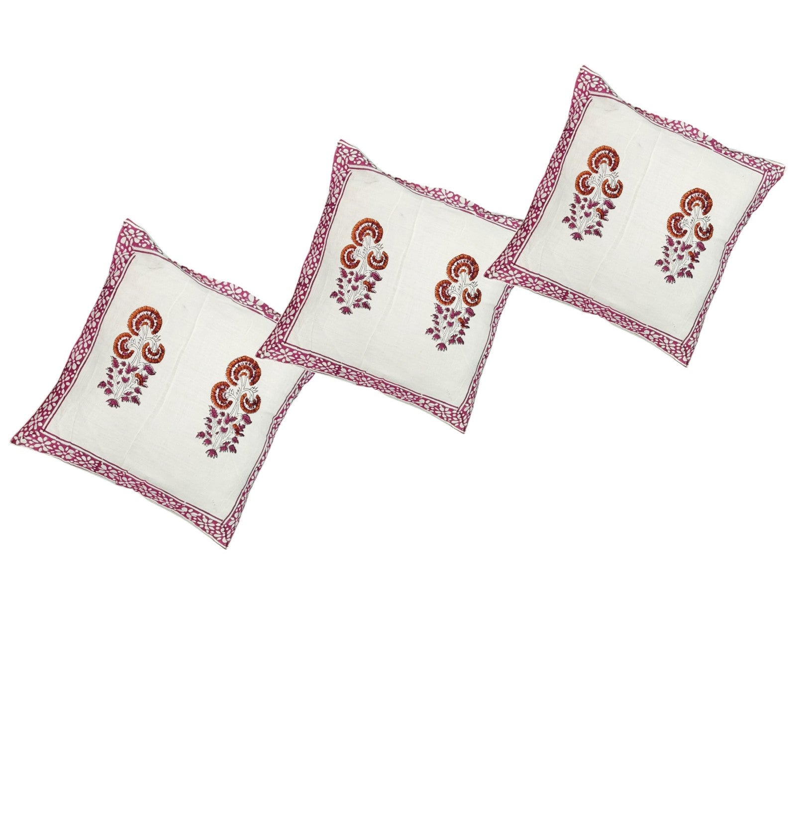 Set of 3 traditional floral digital print cushion covers, white and maroon, 16x16 inches, decorative pillow cases.