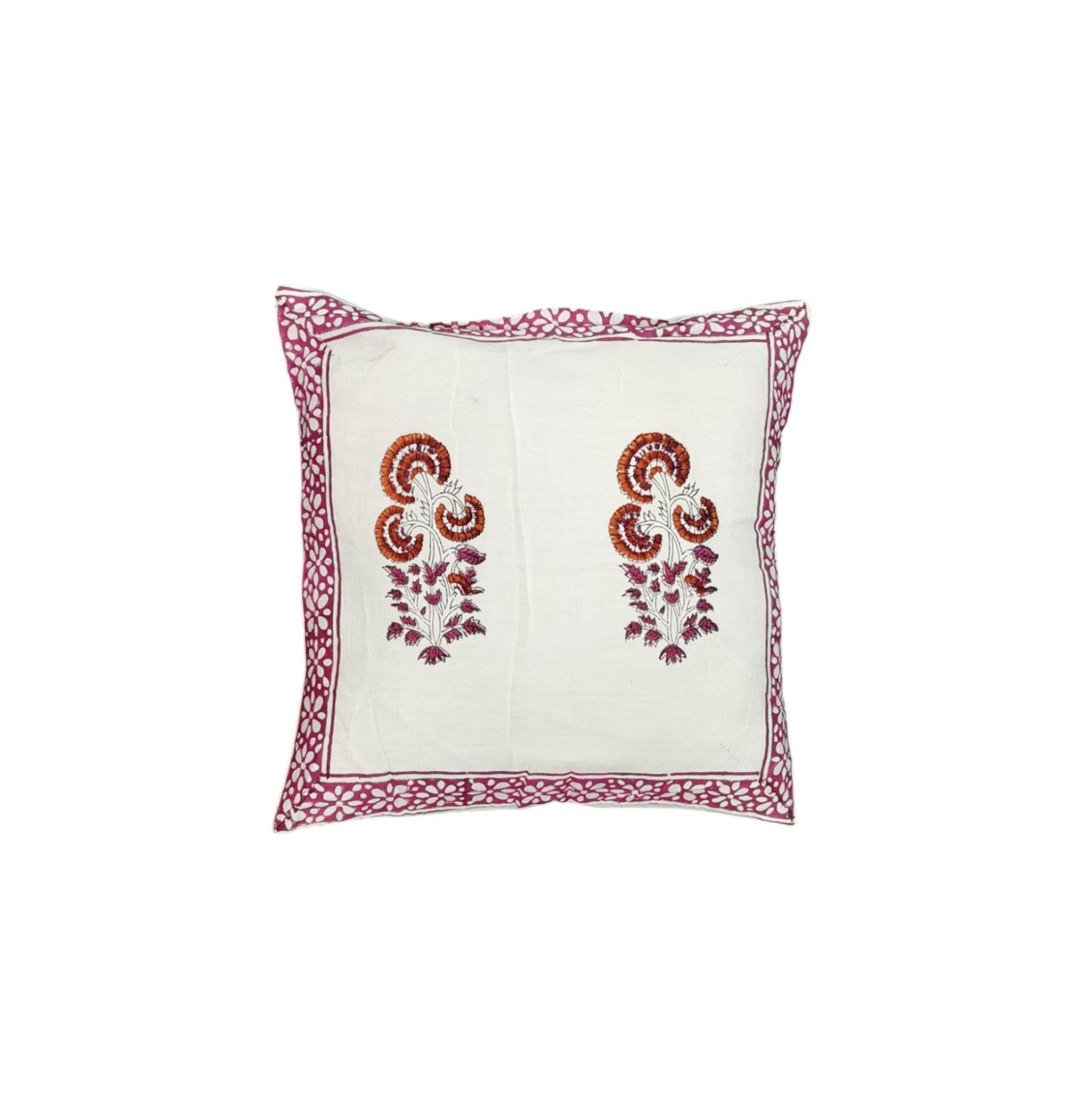 Traditional floral digital print cushion cover in white and maroon, 16x16 inches, with zip closure.