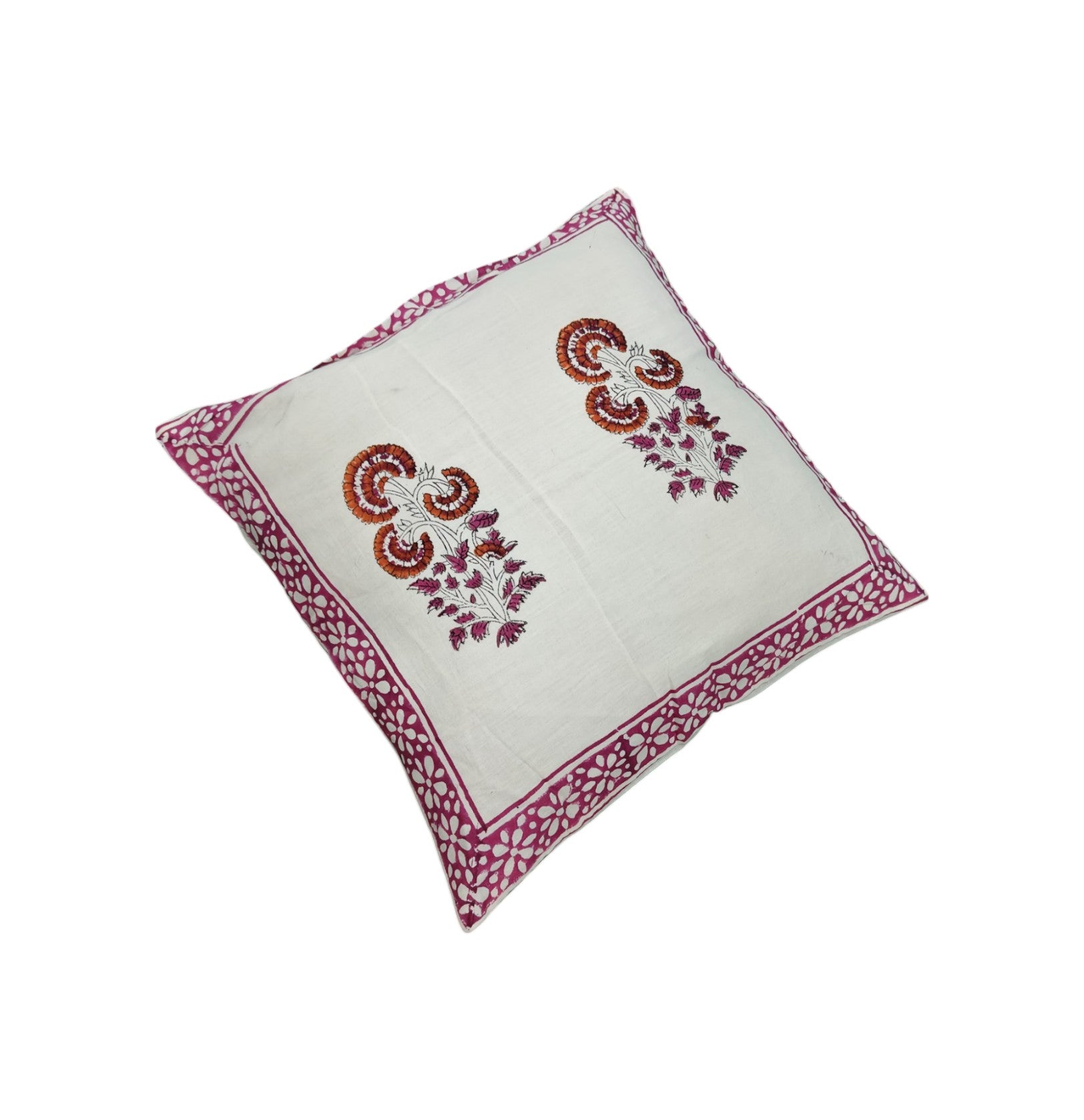 Traditional floral cushion cover in white and maroon, 16x16 inches, perfect for decorative pillows and couch accents.