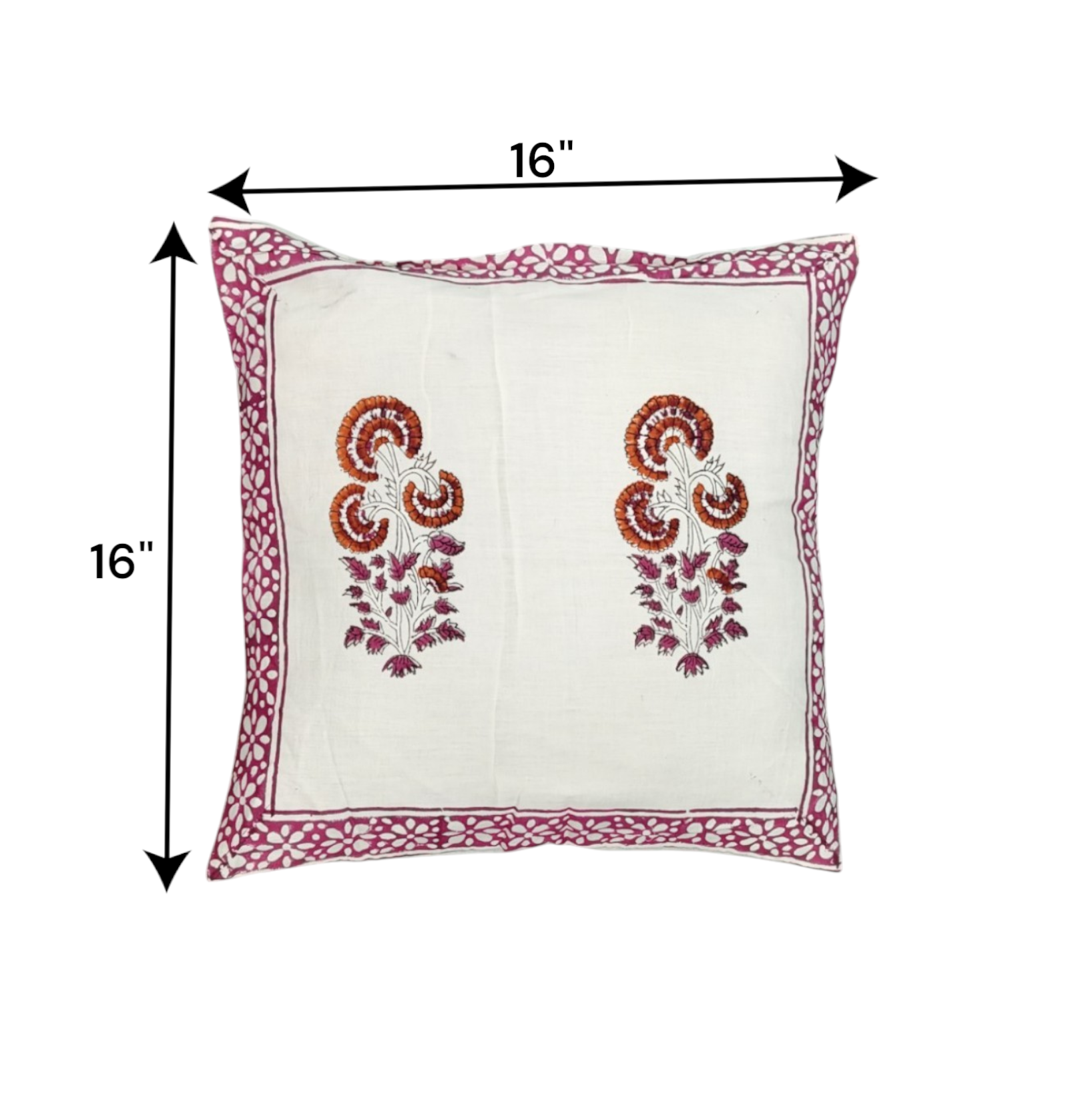 Traditional floral 16x16 cushion cover in white and maroon with printed border, ideal for decorative pillows.