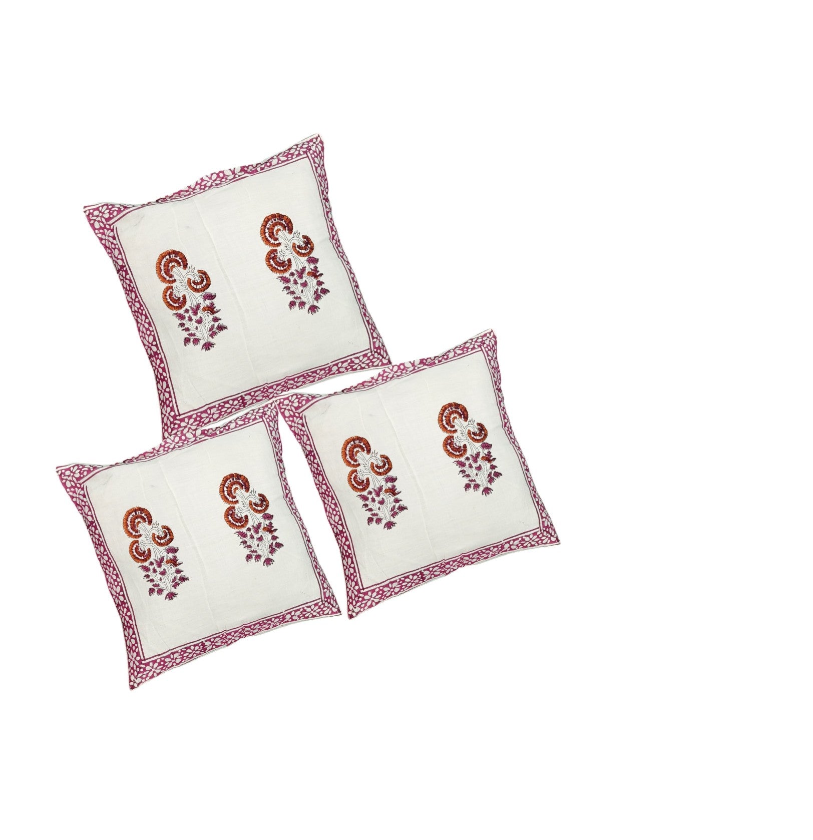 Set of 3 traditional floral digital print cushion covers in white and maroon, 16x16 inches.