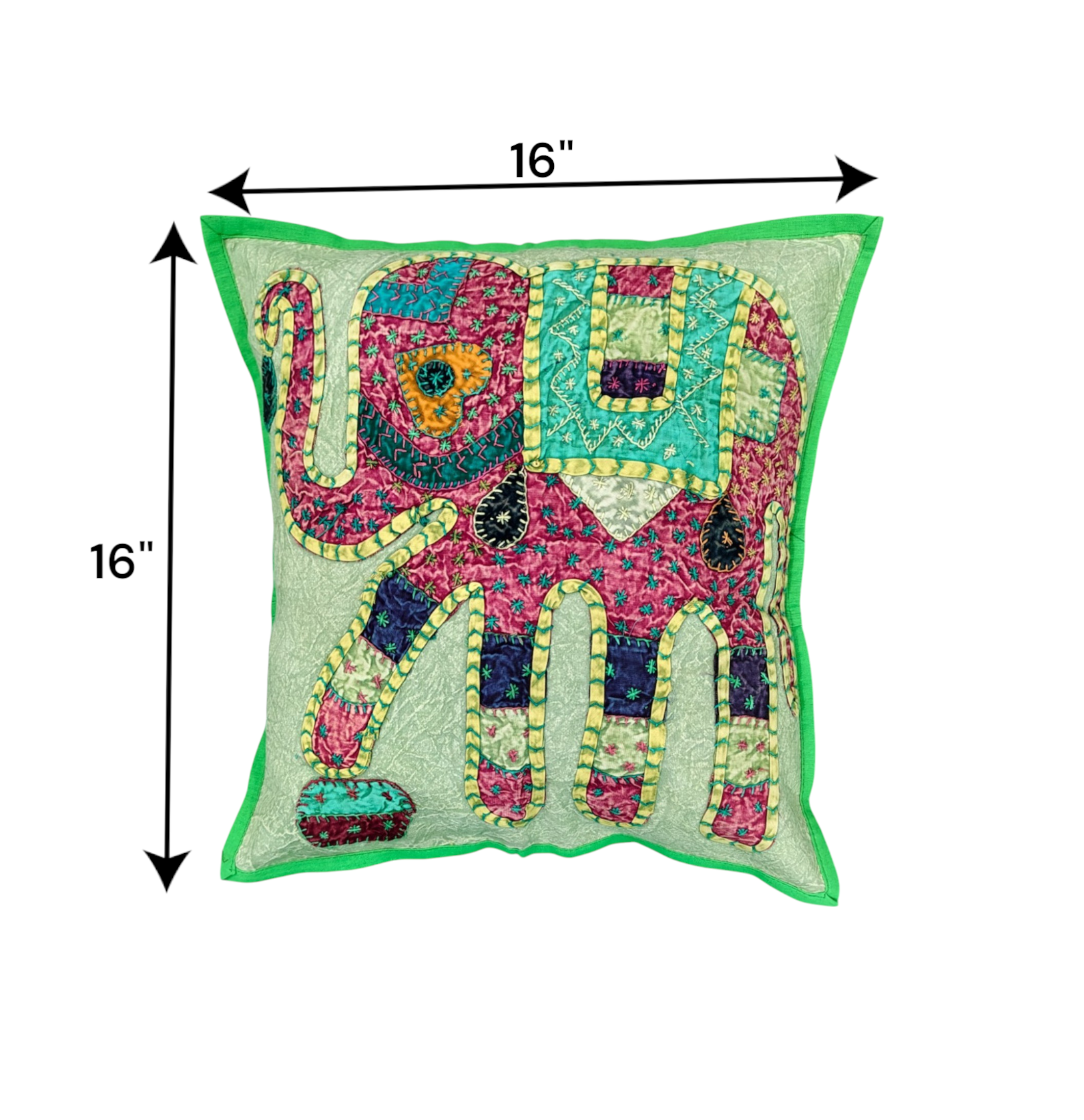 Colorful elephant print cushion cover, 16x16 inches, showcasing traditional ethnic design for sofa or bedroom decor.