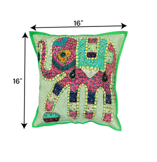 Colorful elephant print cushion cover, 16x16 inches, showcasing traditional ethnic design for sofa or bedroom decor.