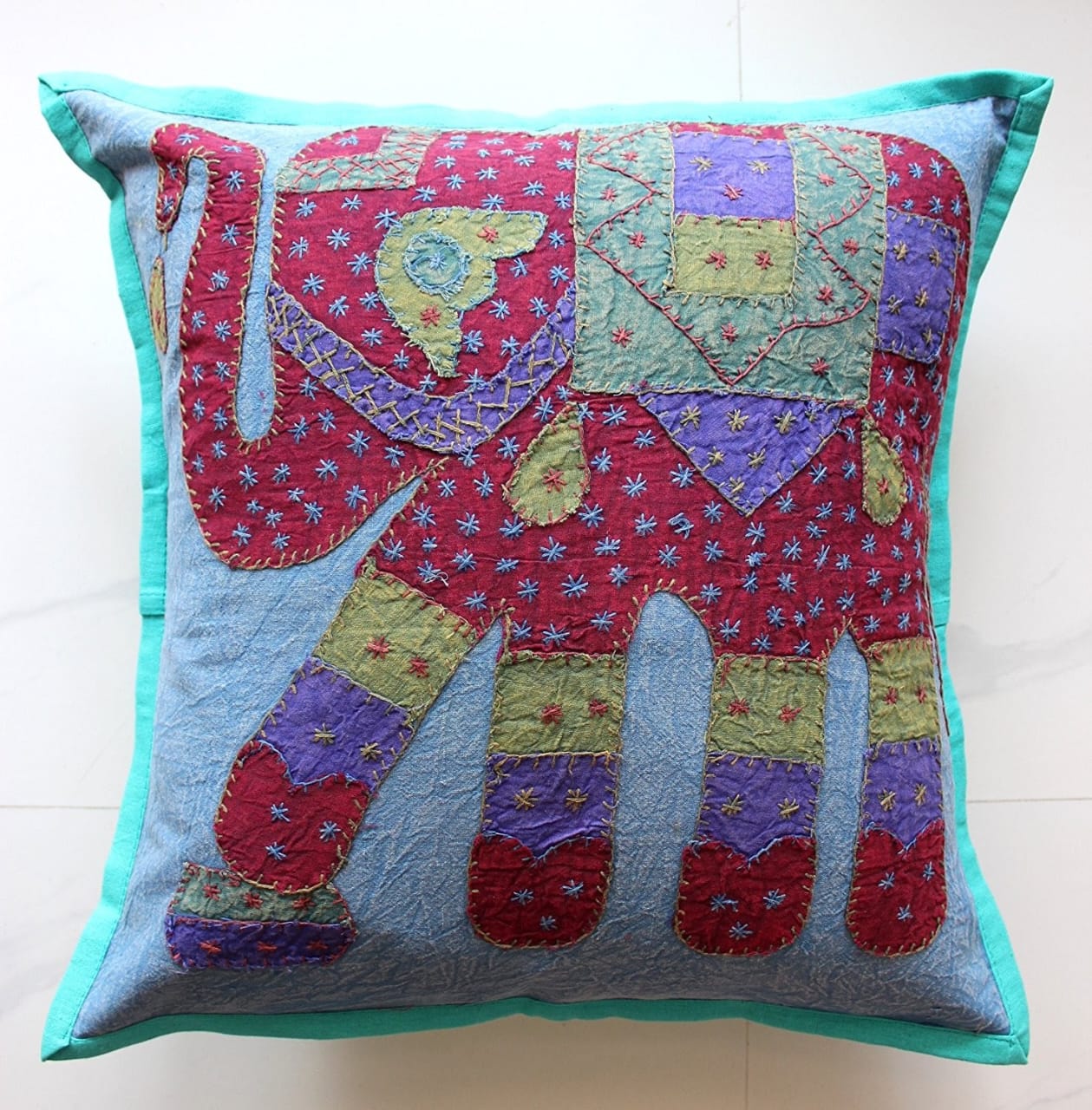 Elephant cushion cover with multicolor ethnic patchwork design, 16x16 inches, perfect for sofa or bedroom decor.