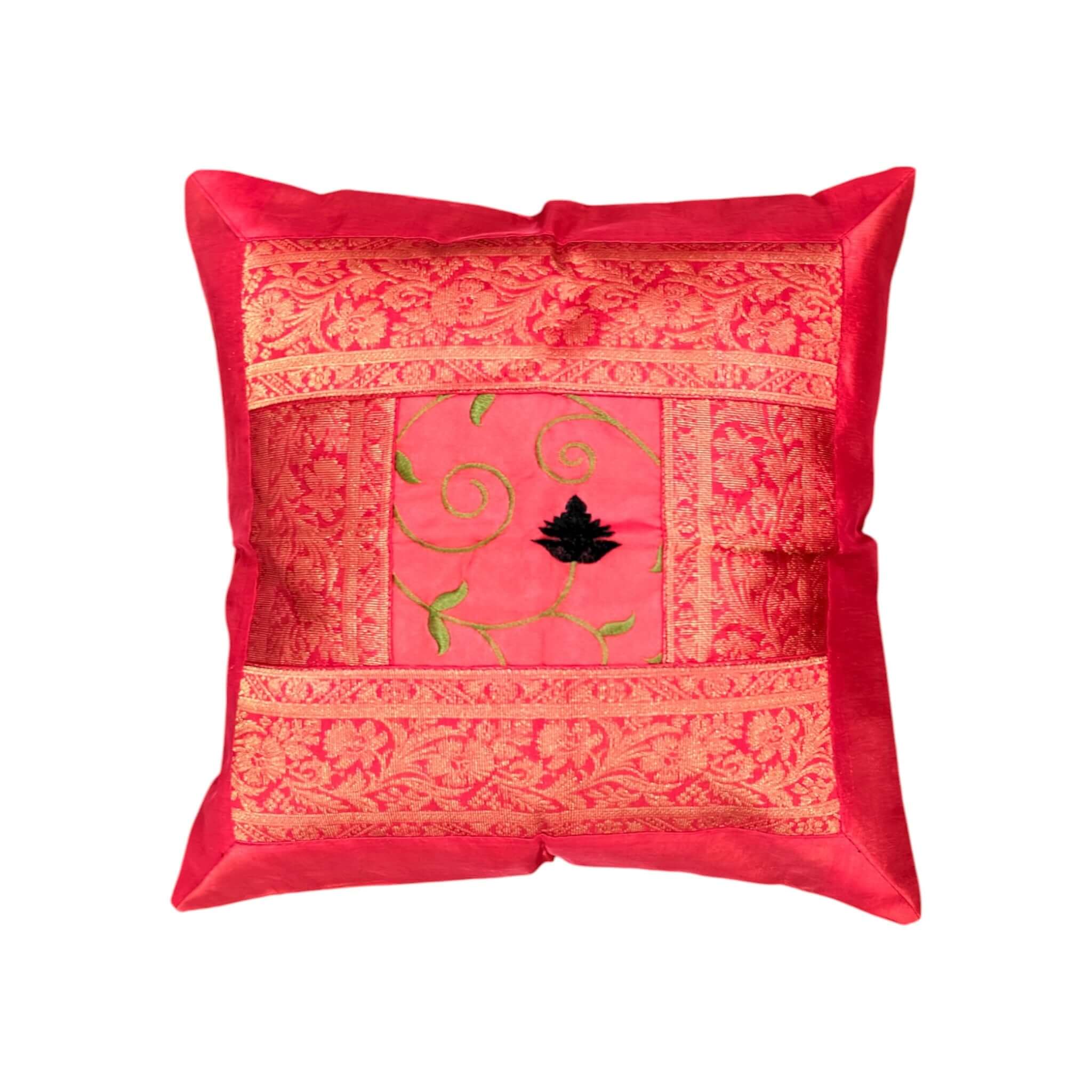 Banarasi Silk Brocade Cushion Covers Set of 5 in vibrant pink with intricate gold embroidery and floral pattern.