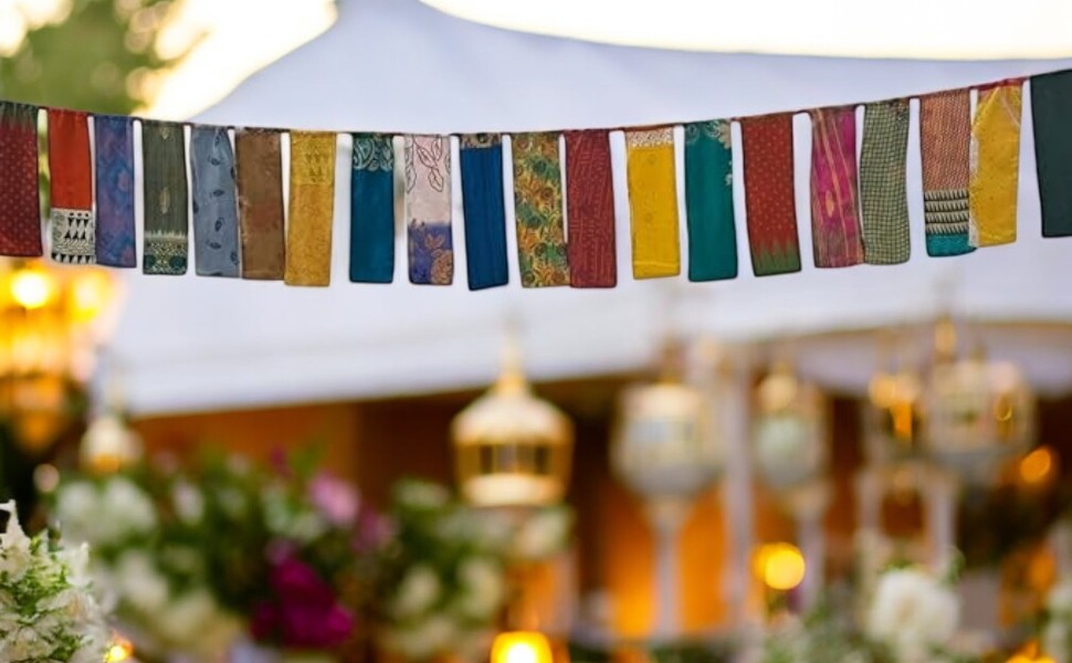 Decorative string of colorful fabric flags with a blurred background of outdoor setting