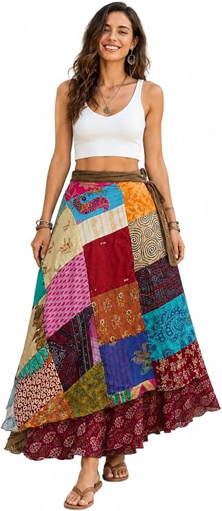 Vintage Silk Sari Recycled Patchwork Magic Wrap Around Skirt Reversible Dress